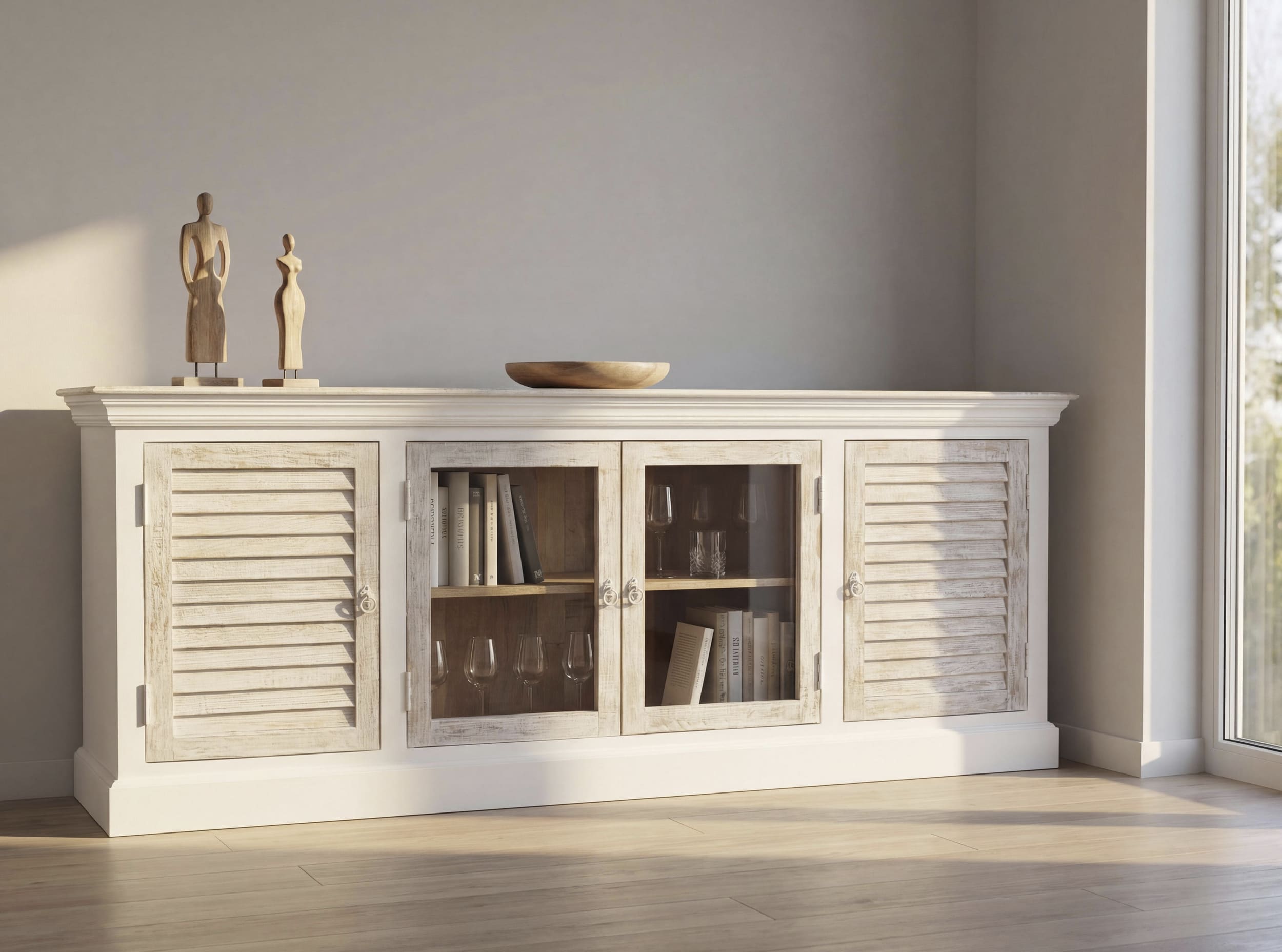 Sideboard Hampton Mangoholz weiß mit Lamellenfront und Vitrine 210x40x82cm