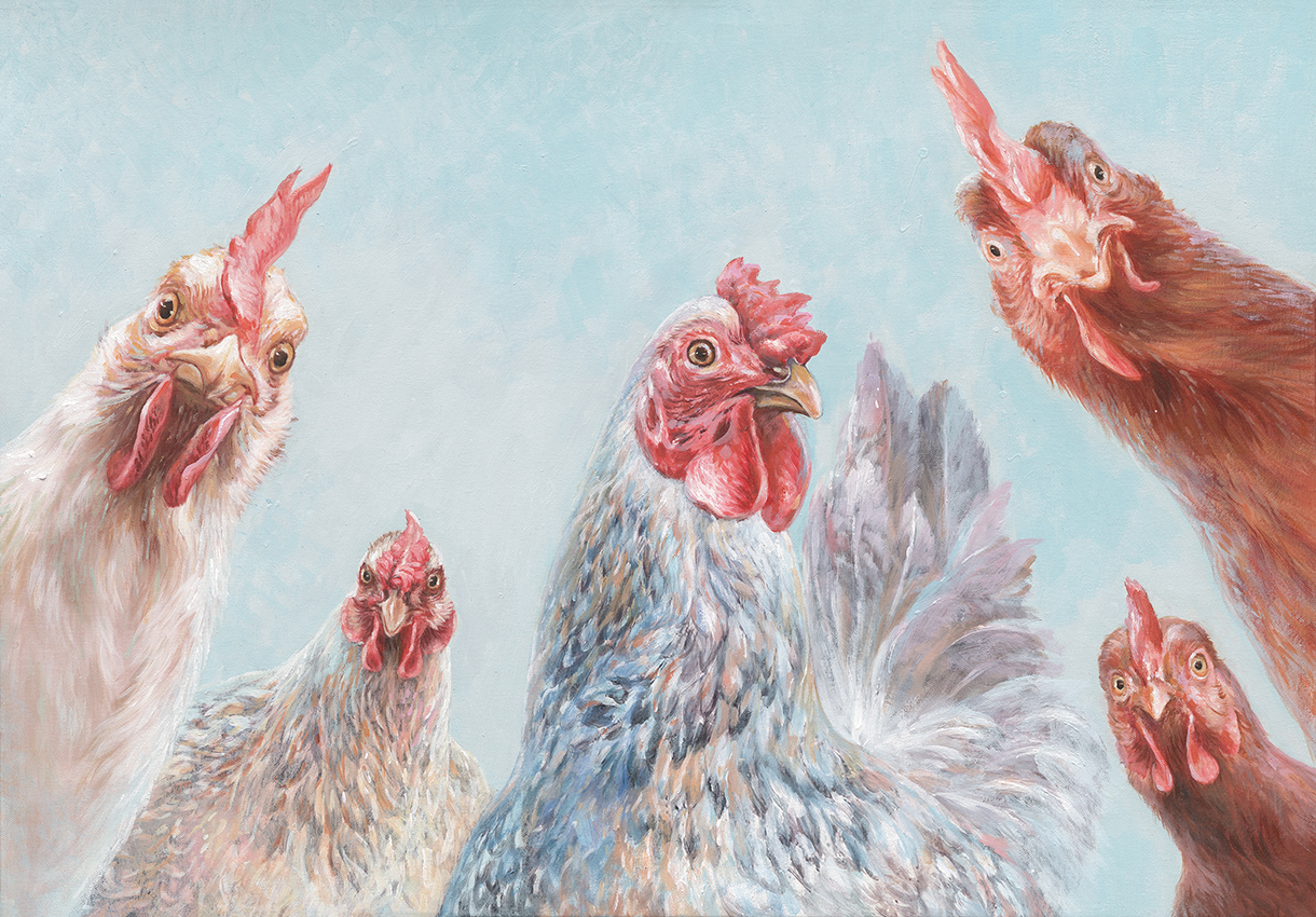 Ölbild 5 Hühner bunt 100x70cm