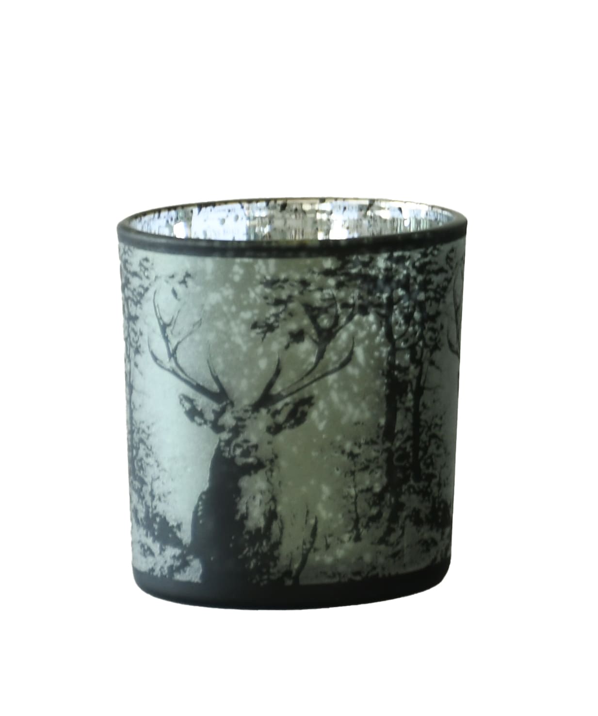 Votivlicht Glas grau frosted mit Hirschmotiv klar mit Winterlandschaft D=7,3cm