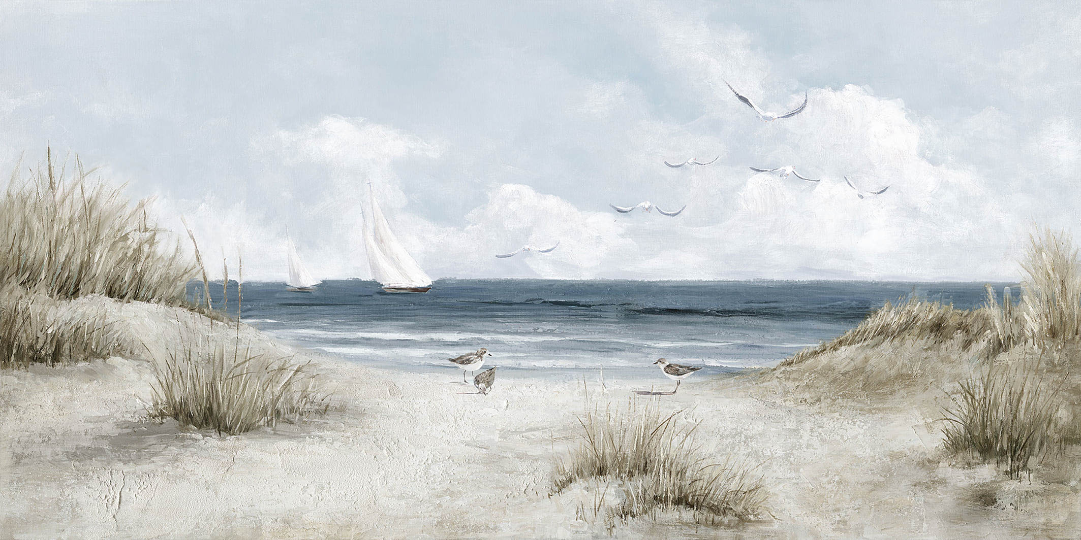 Ölbild Düne mit Segelboot am Horizont 140x70cm