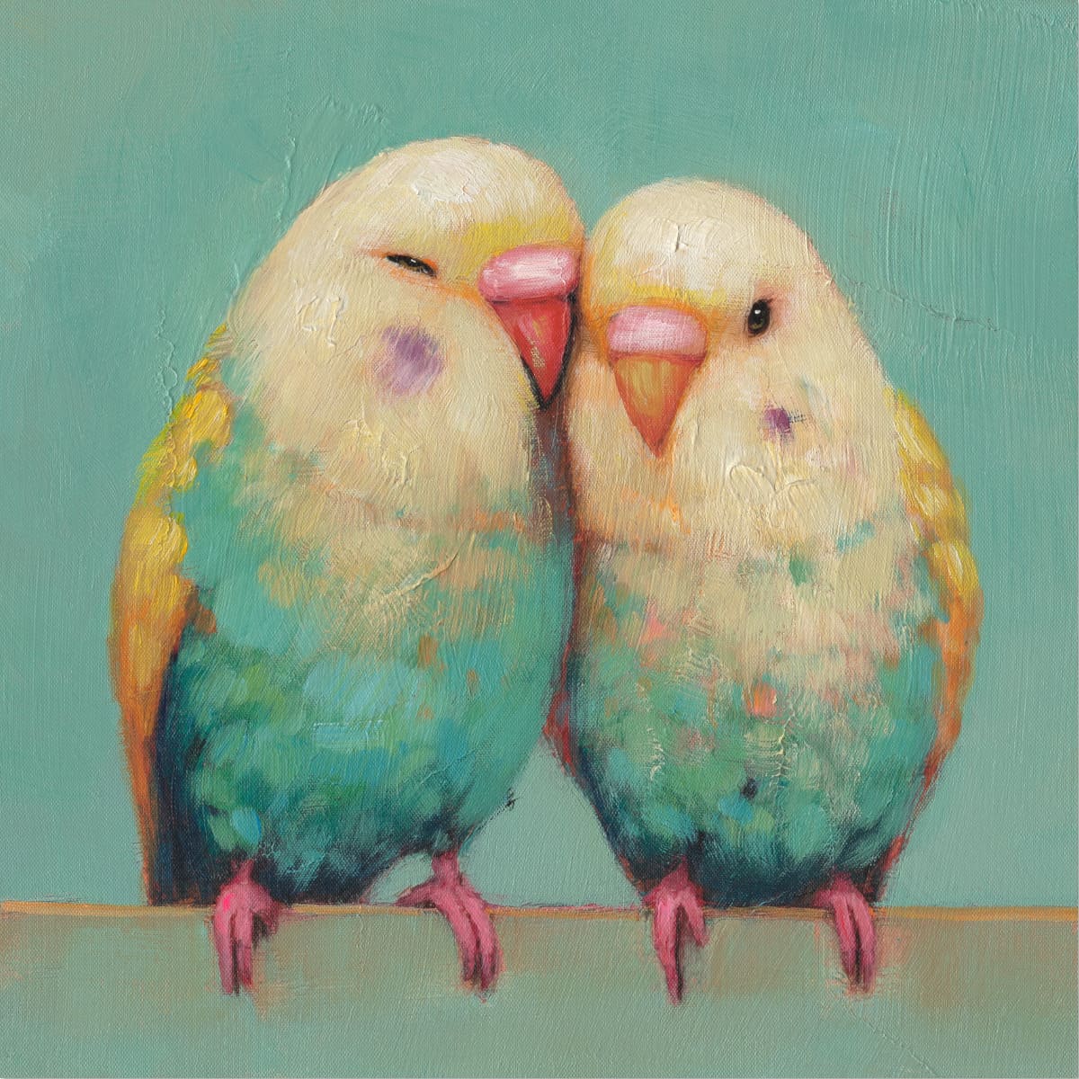 Ölbild mit Rahmen Wellensittichpaar