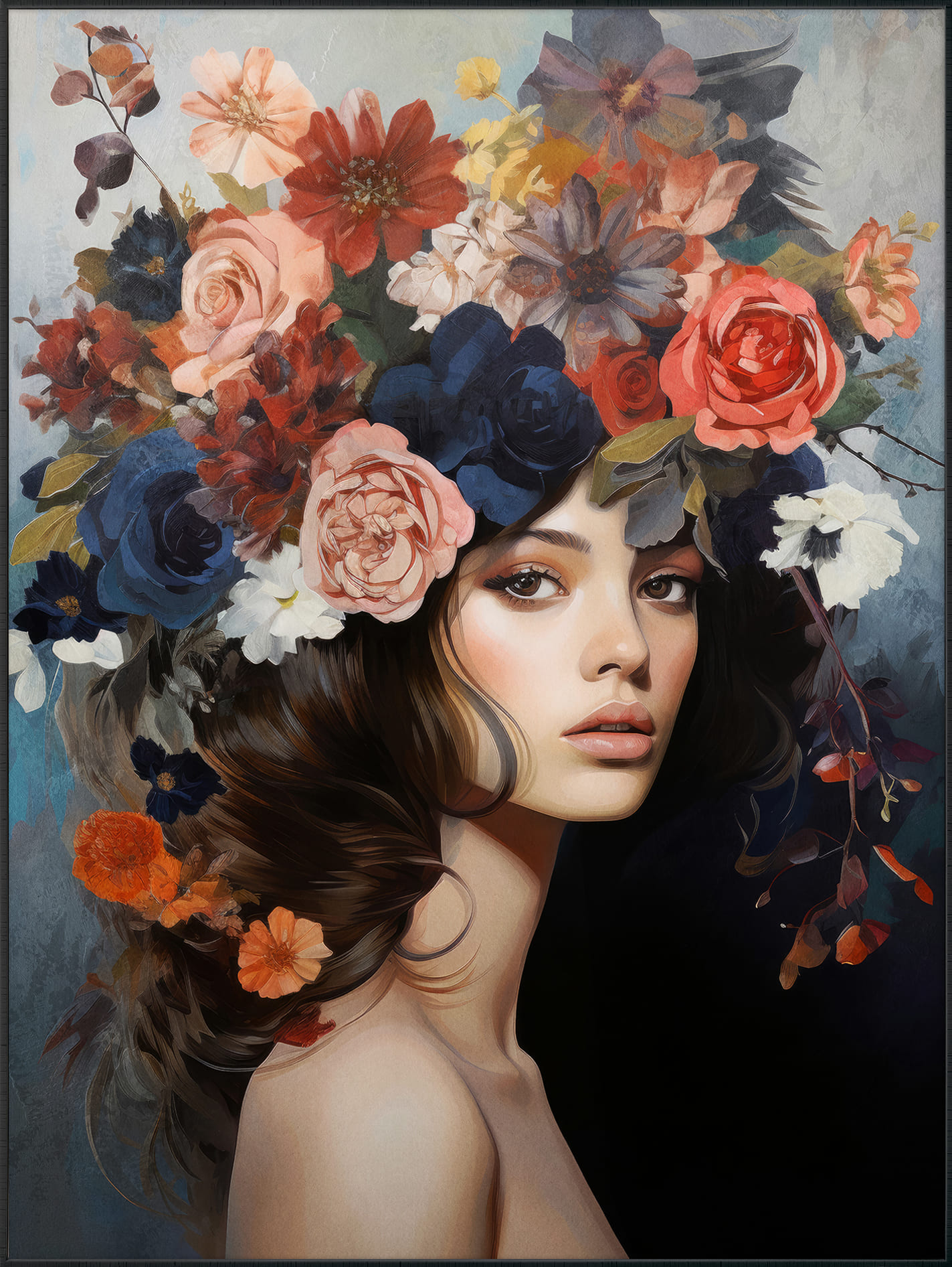 Wandbild gerahmt Lady mit Blumenschmuck