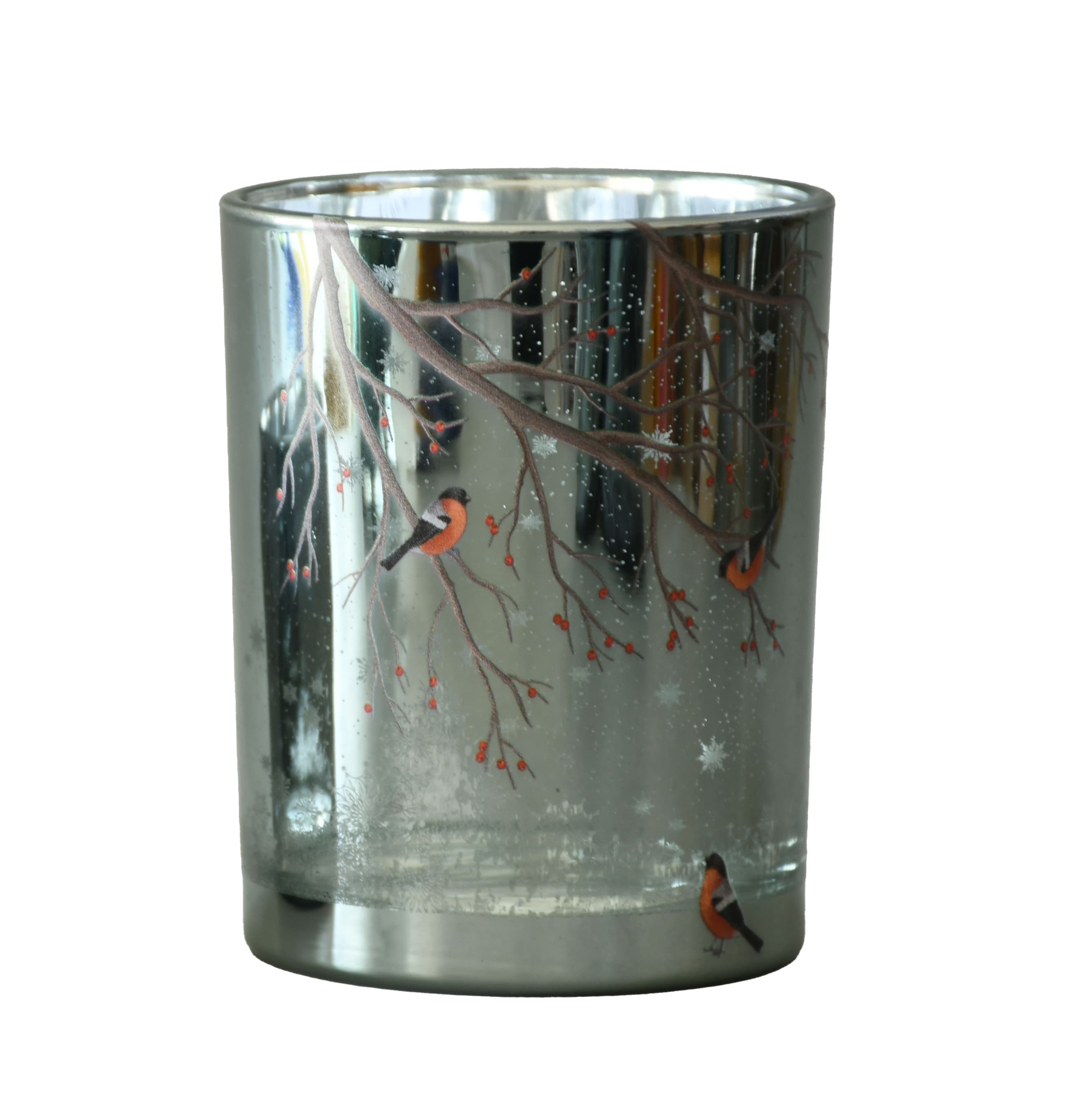 Votivlicht Glas silber mit Bäumen und Vögelmotiv D=10cm H=12,5cm