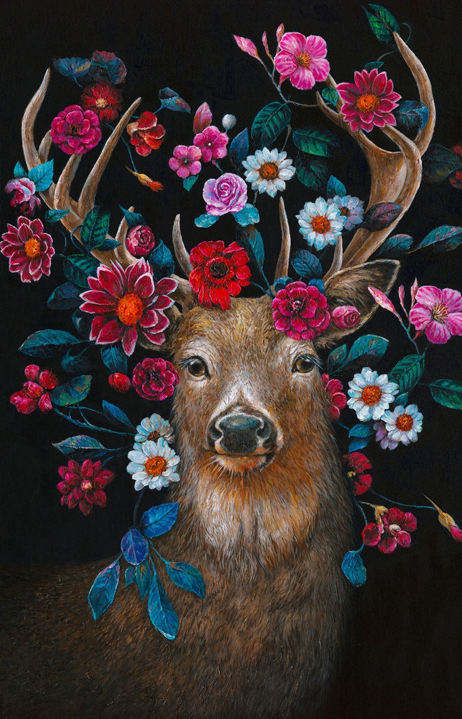 Ölbilder Hirsch mit Blumenschmuck