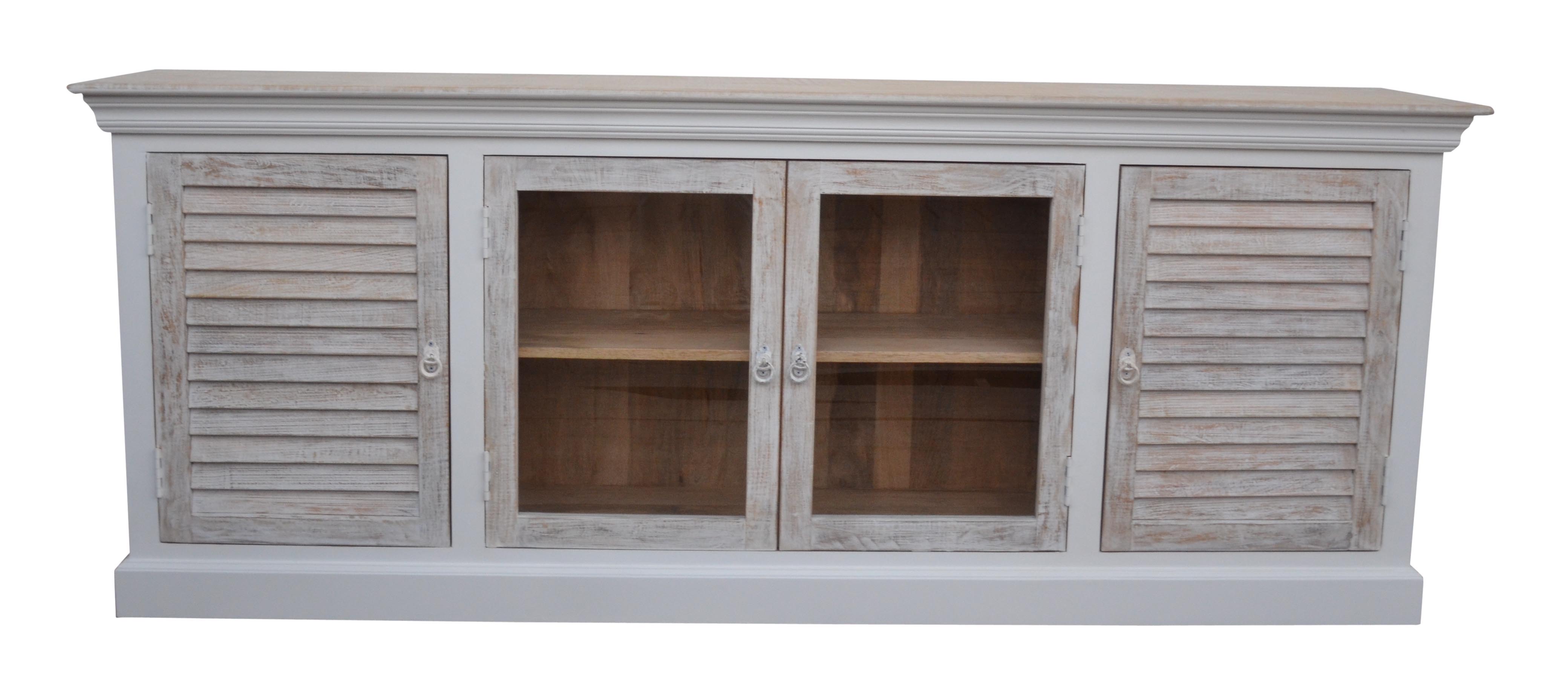 Sideboard Hampton Mangoholz weiß mit Lamellenfront und Vitrine 210x40x82cm