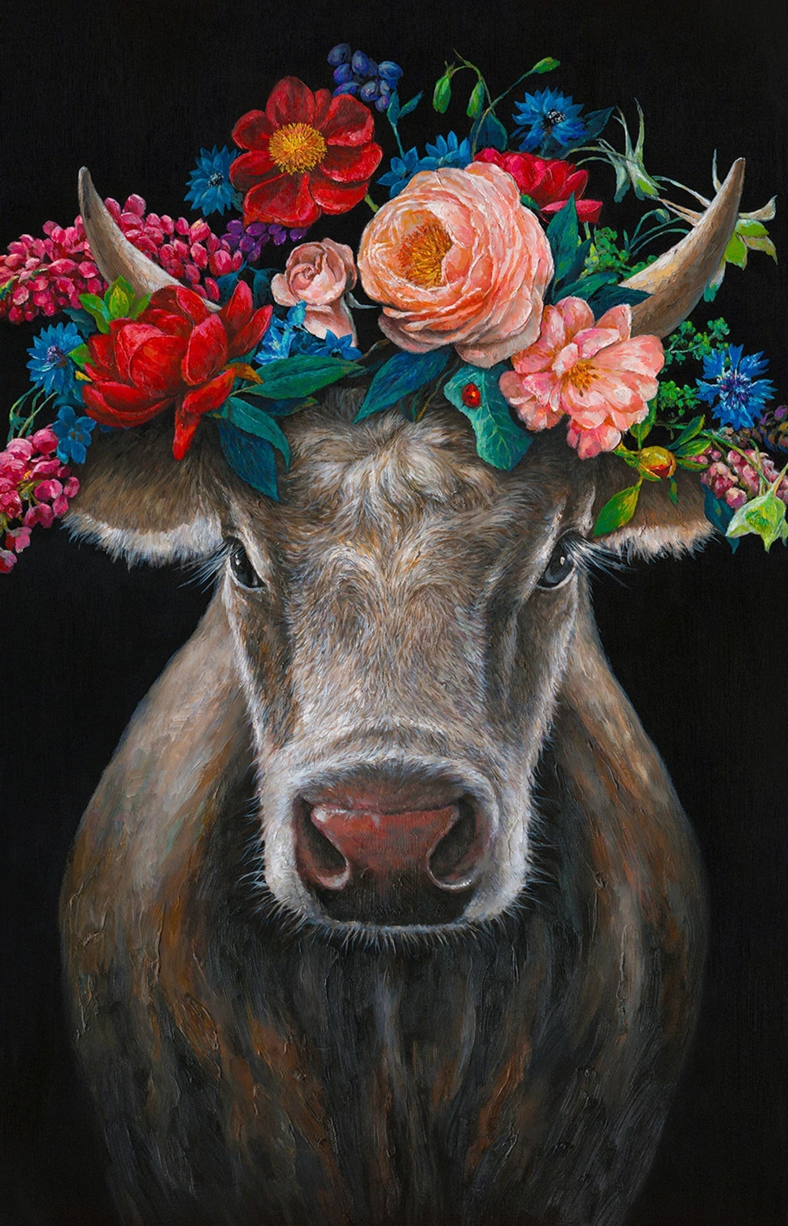 Ölbild Kuh mit Blumenschmuck