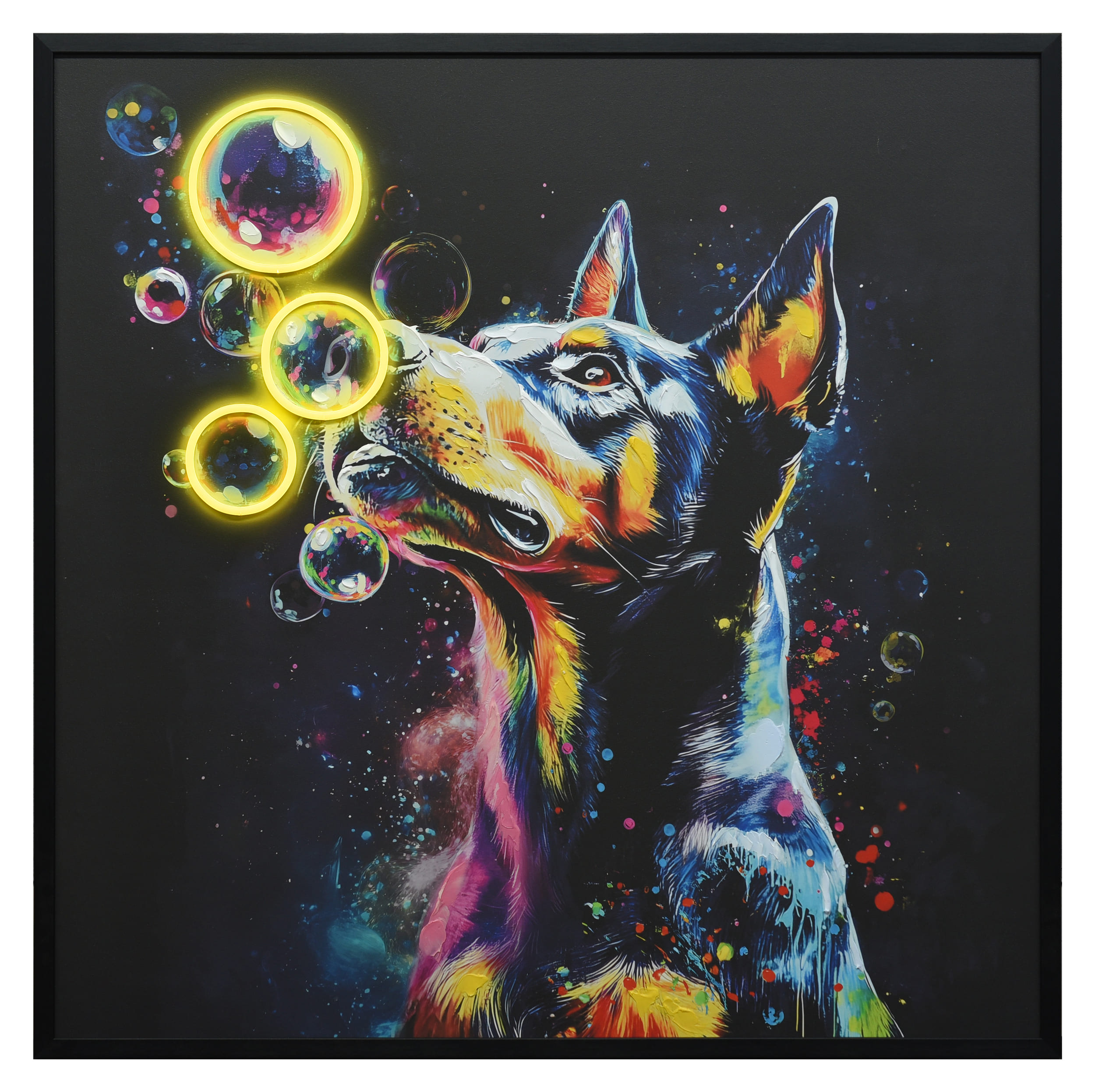 Wandbild Frame LED soap bubbles Dog 100x100cm
