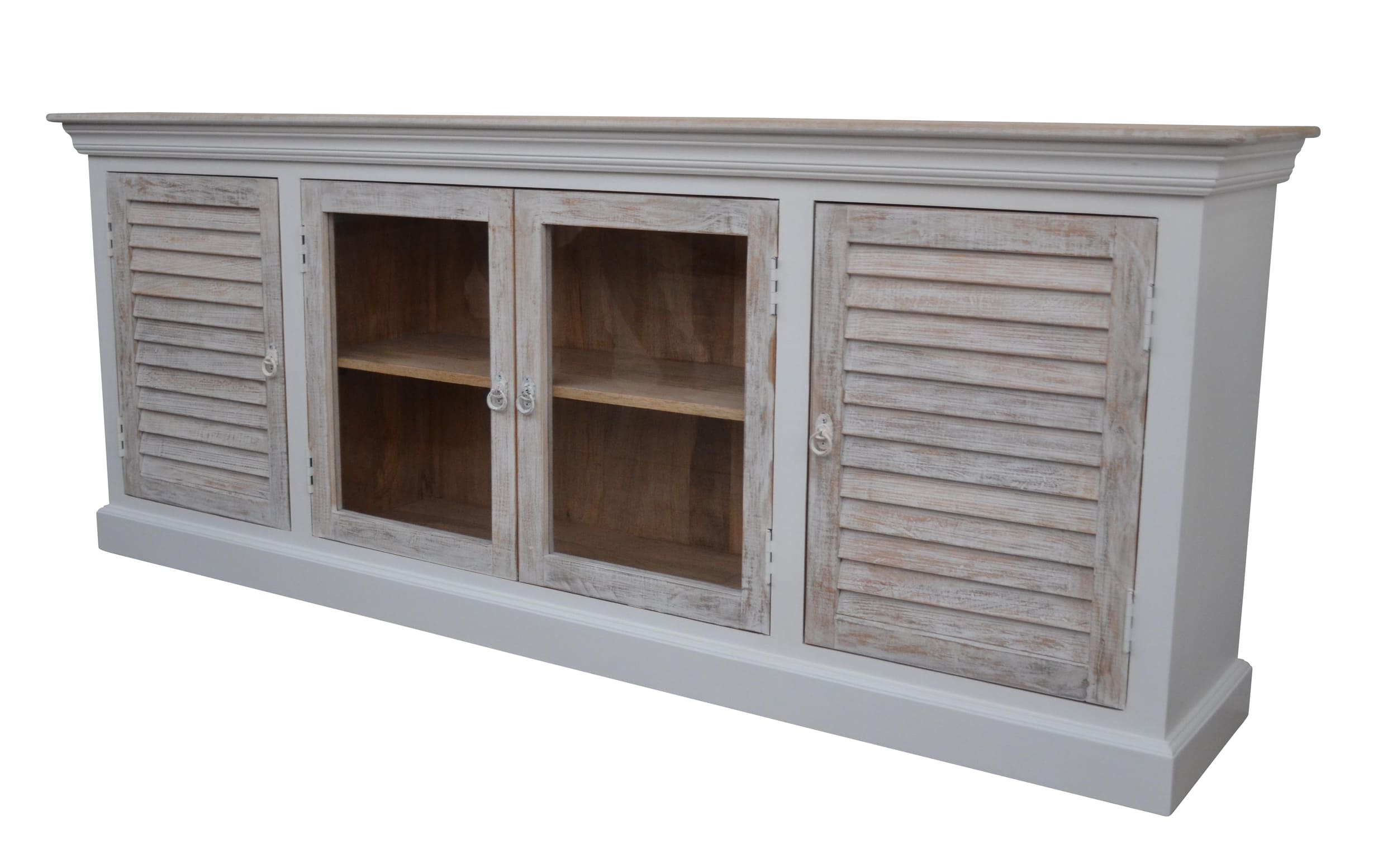Sideboard Hampton Mangoholz weiß mit Lamellenfront und Vitrine 210x40x82cm