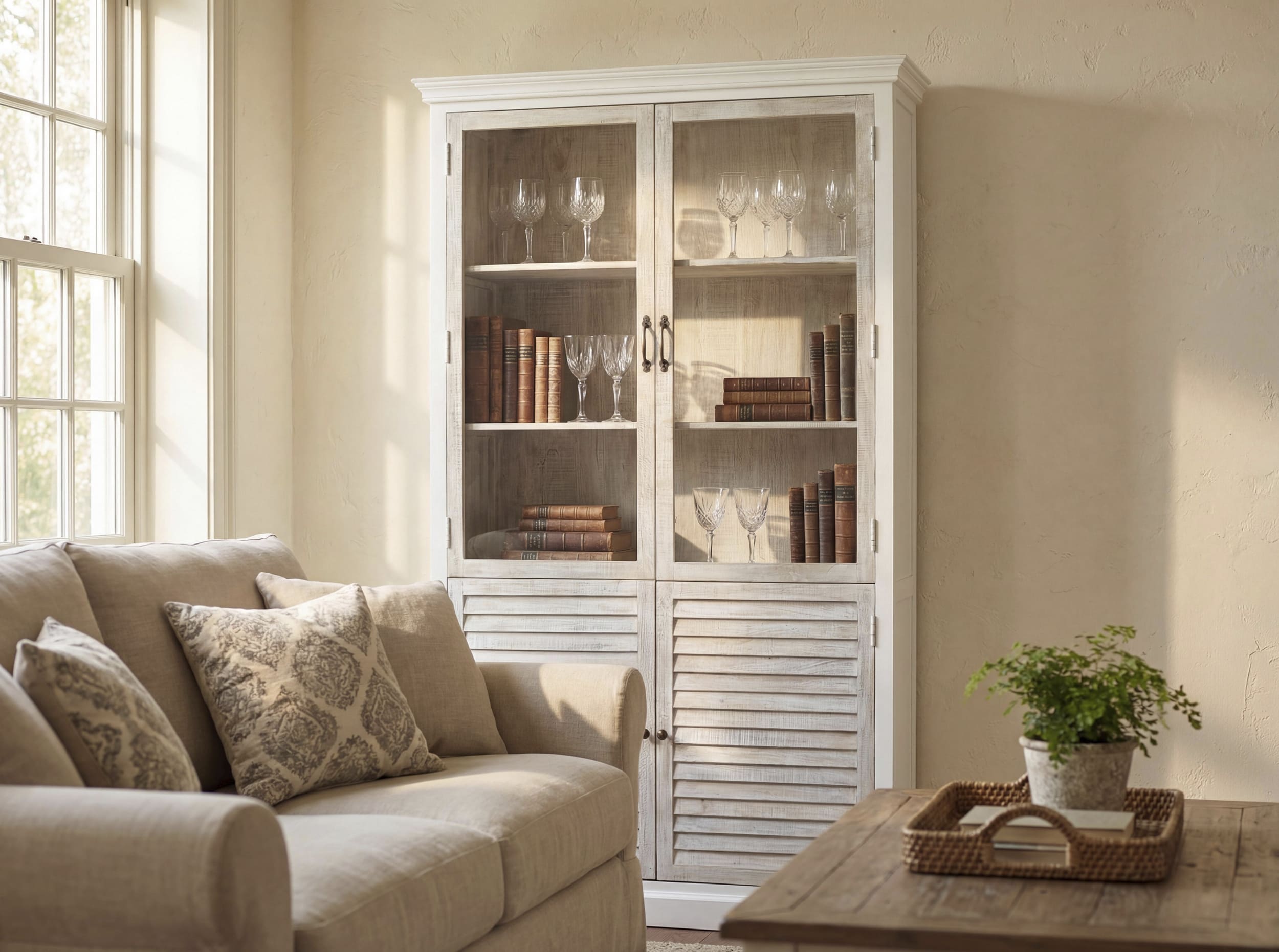 Bücherschrank Hampton Mangoholz weiß mit Lamellenfront 124x43x210cm