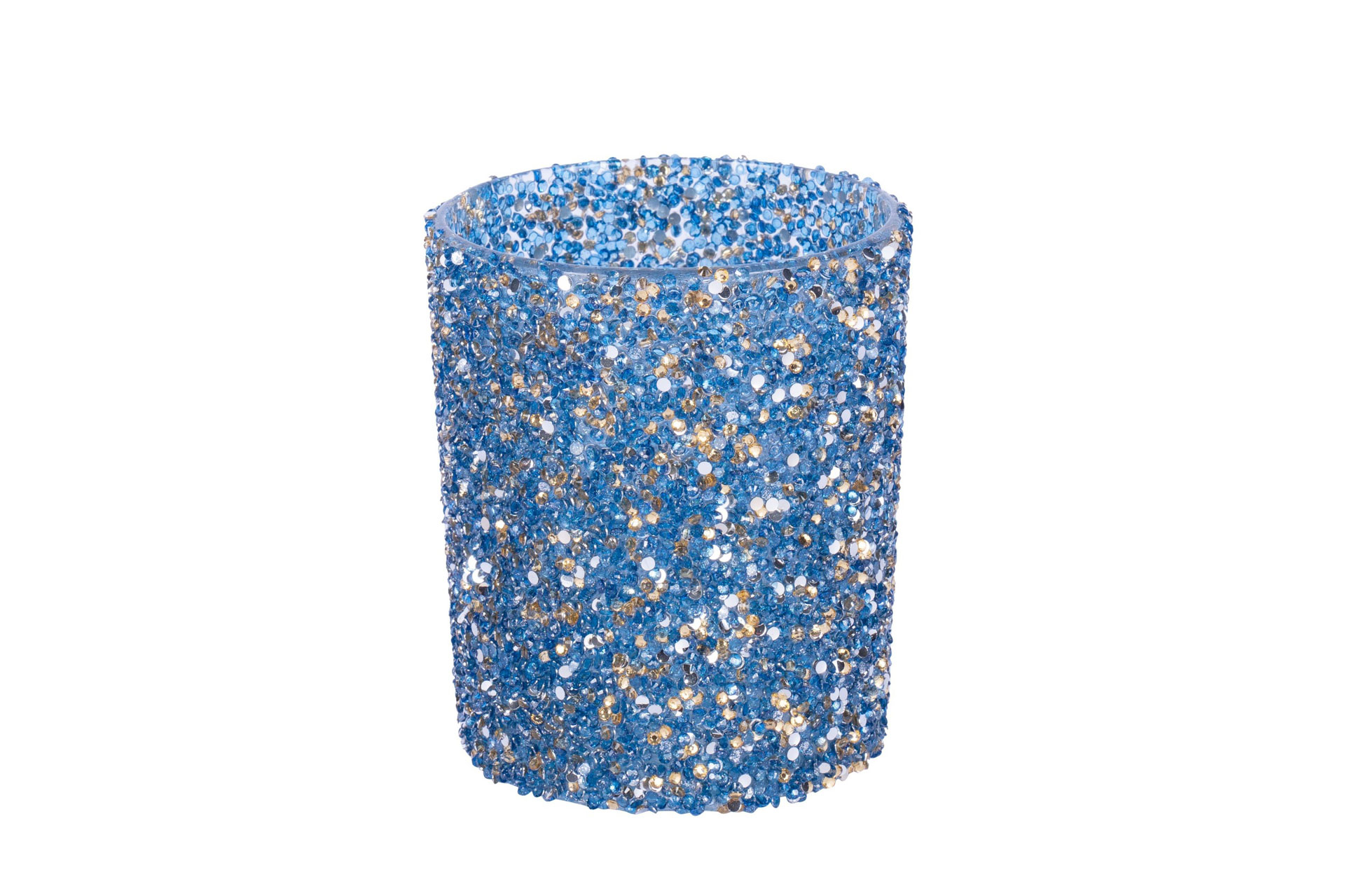 Votivlicht Glas mit Ziehrsteinen blau gold mix 7x7x9cm