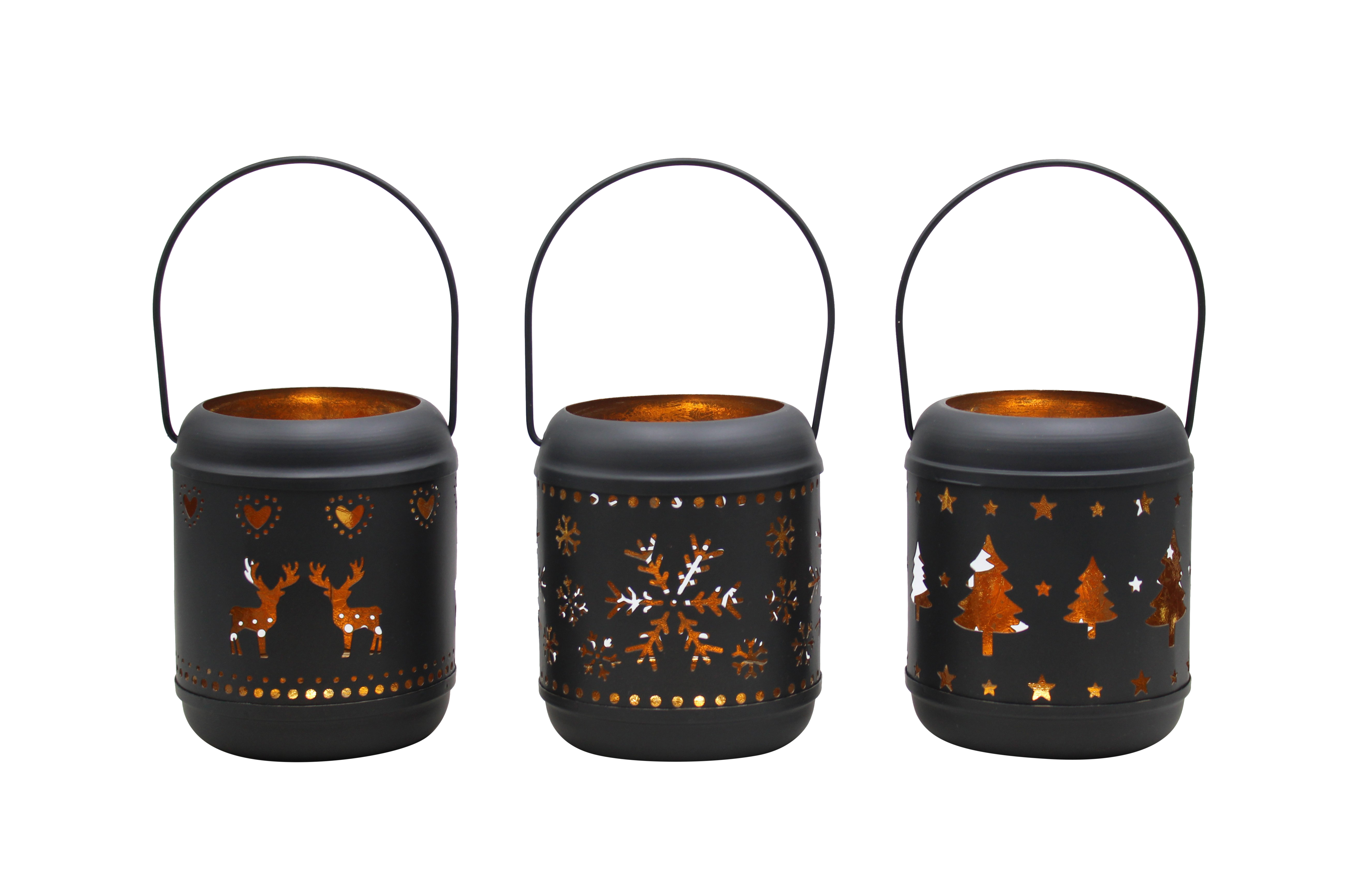 Laterne 3fach Eisen schwarz gold H=12cm