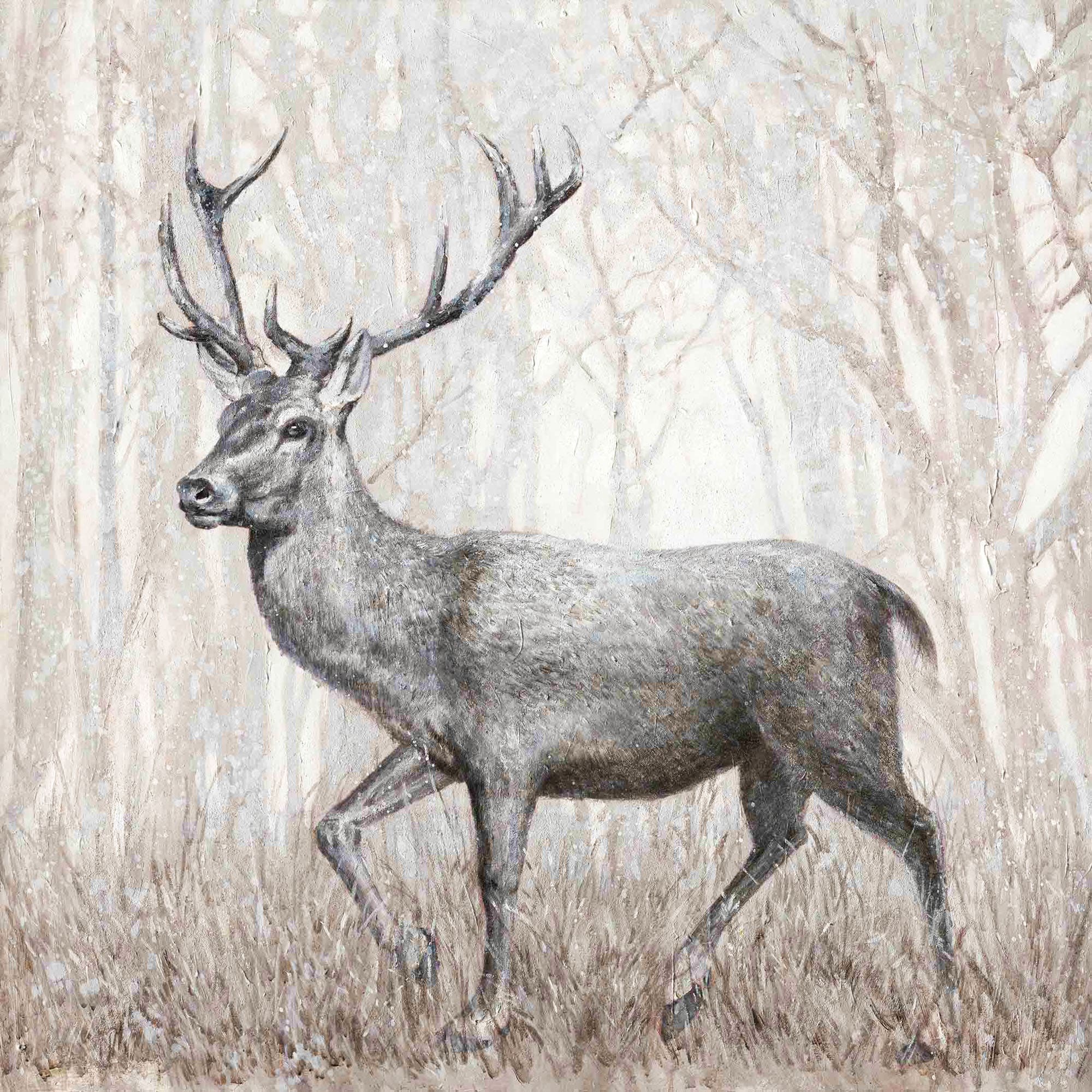 Ölbild Hirsch im Wald schwarz-weiß-braun mix 100x100cm