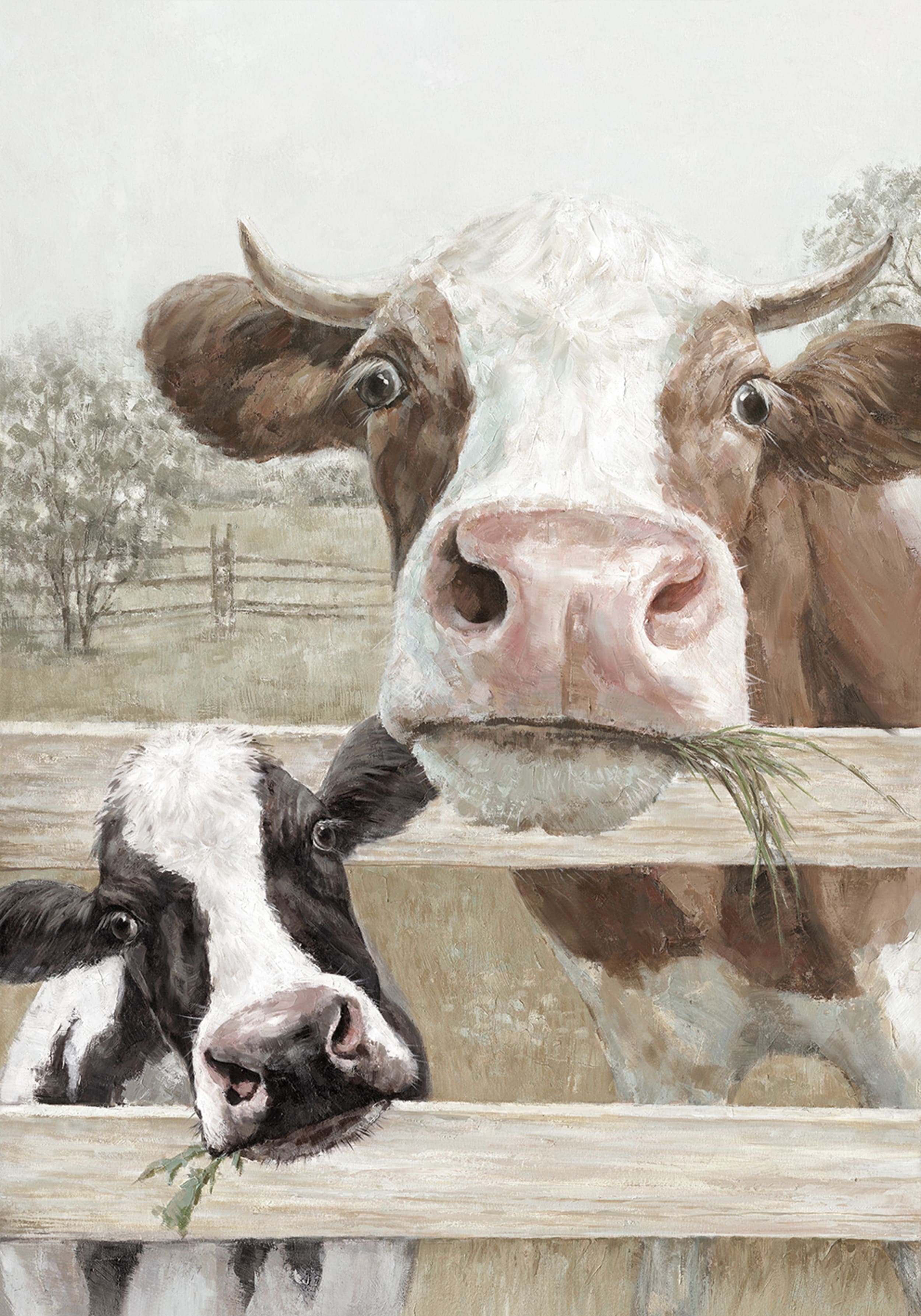 Ölbild Zwei Kühe über den Zaun guckend
