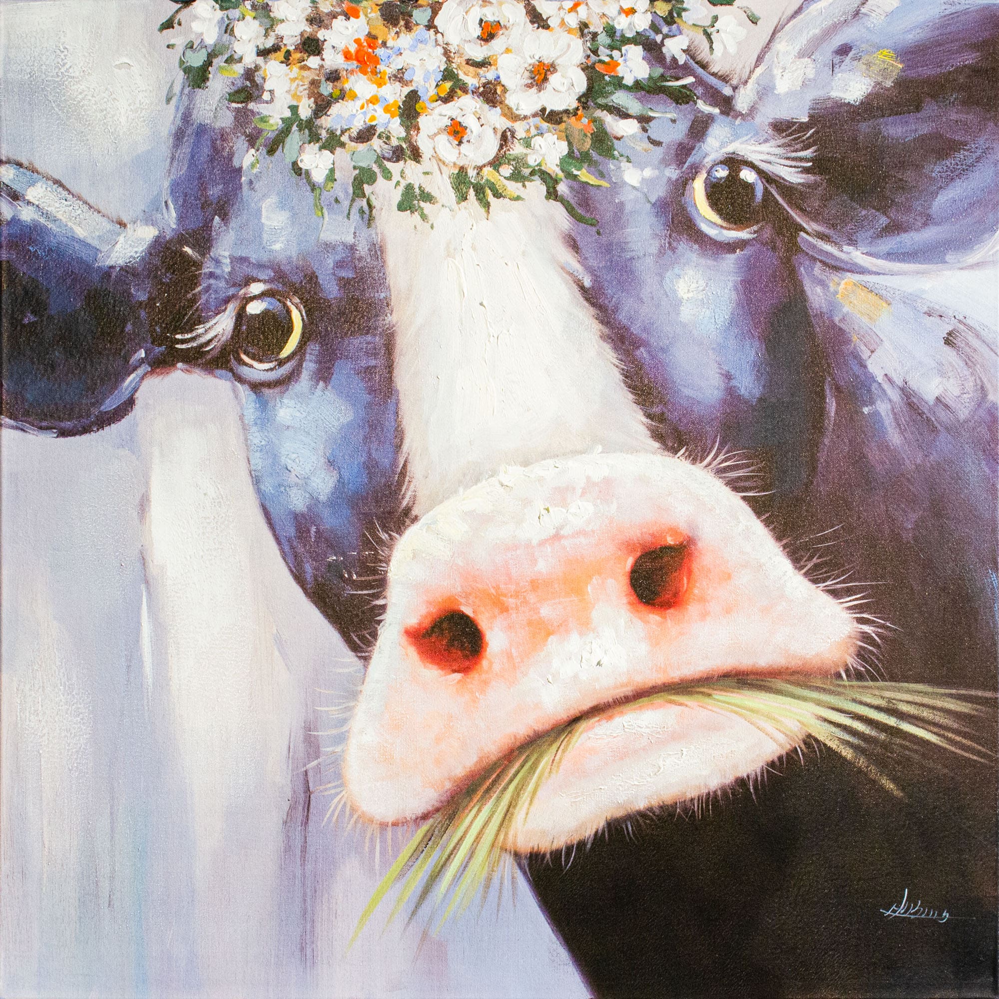 Ölbild Kuhkopf mit Blumen + Gras 100x100
