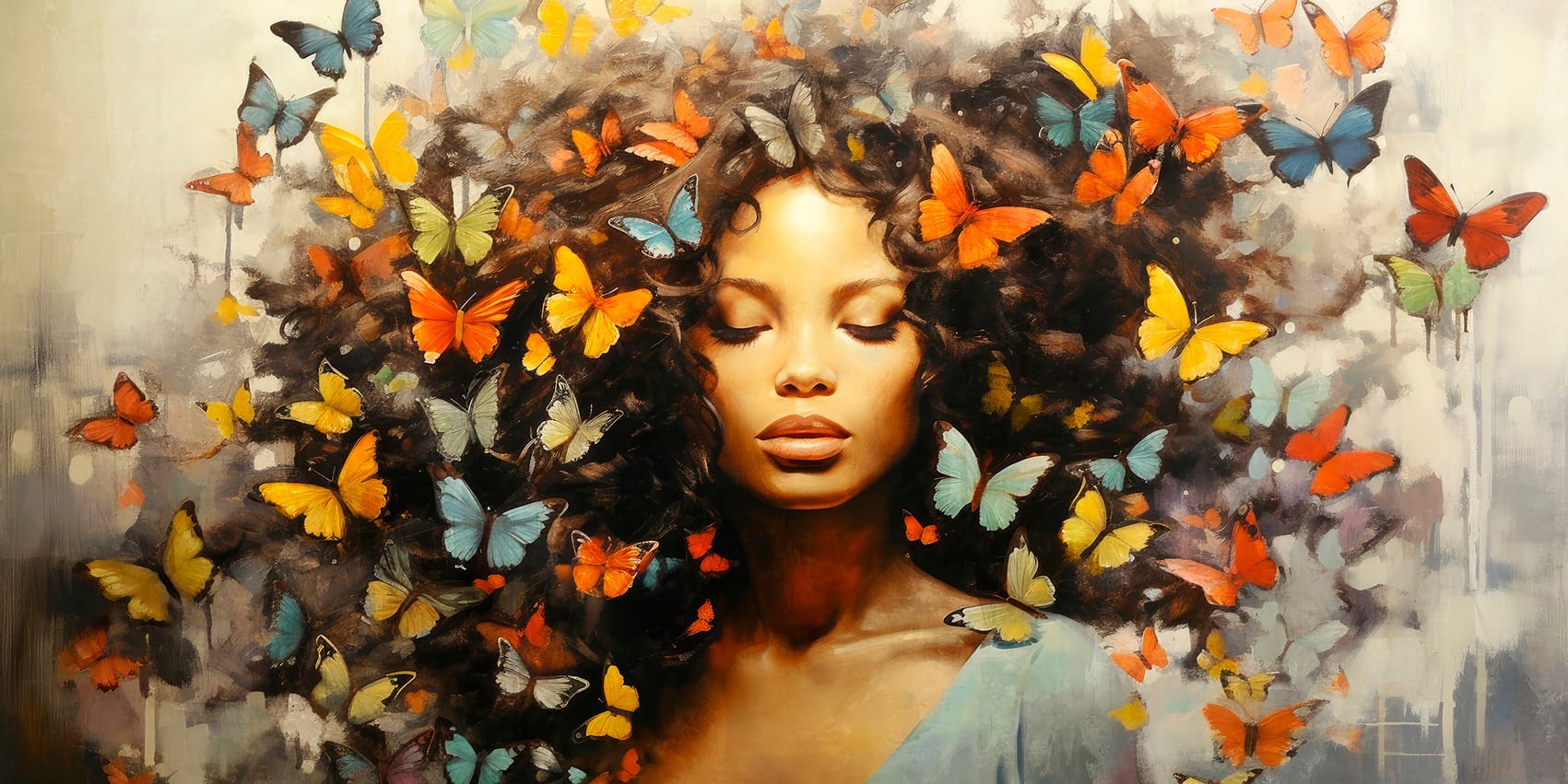 Ölbild Frau mit lockigen Schmetterlingen