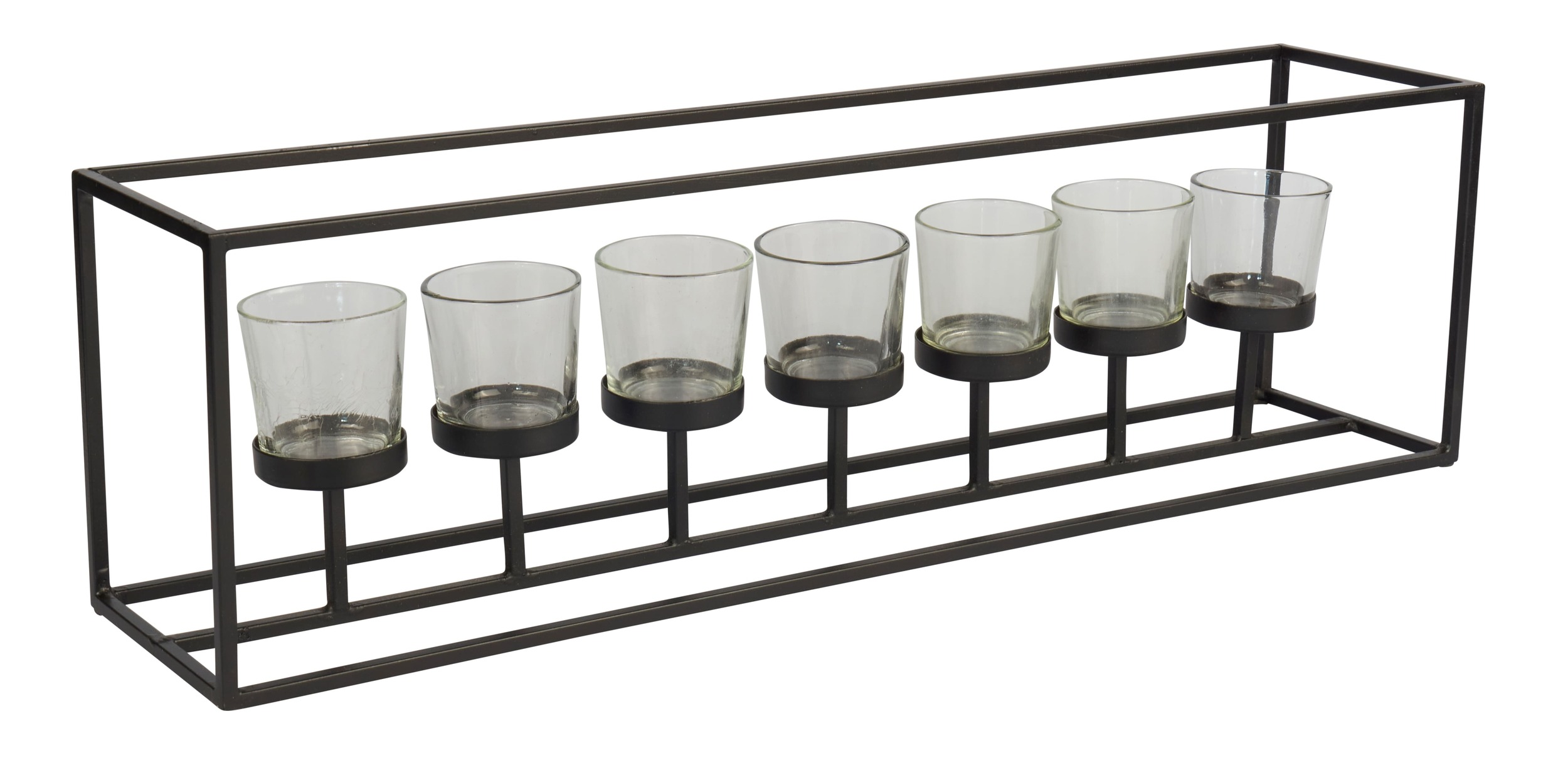 Windlichreihe Eisen schwarz mit sieben Gläsern klar 56x12x16cm