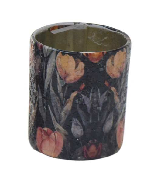 Votiv Glas Blumendekor schwarz 7x7x8cm