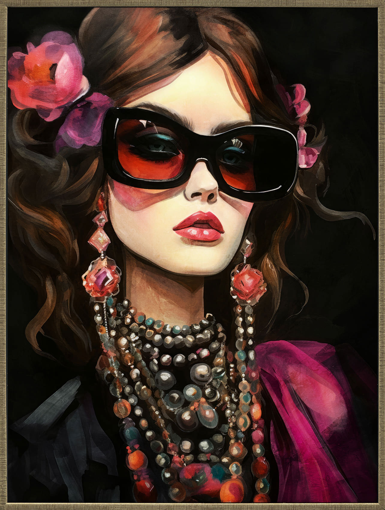 Wandbild gerahmt Lady mit Sonnenbrille und Ketten 90x120cm