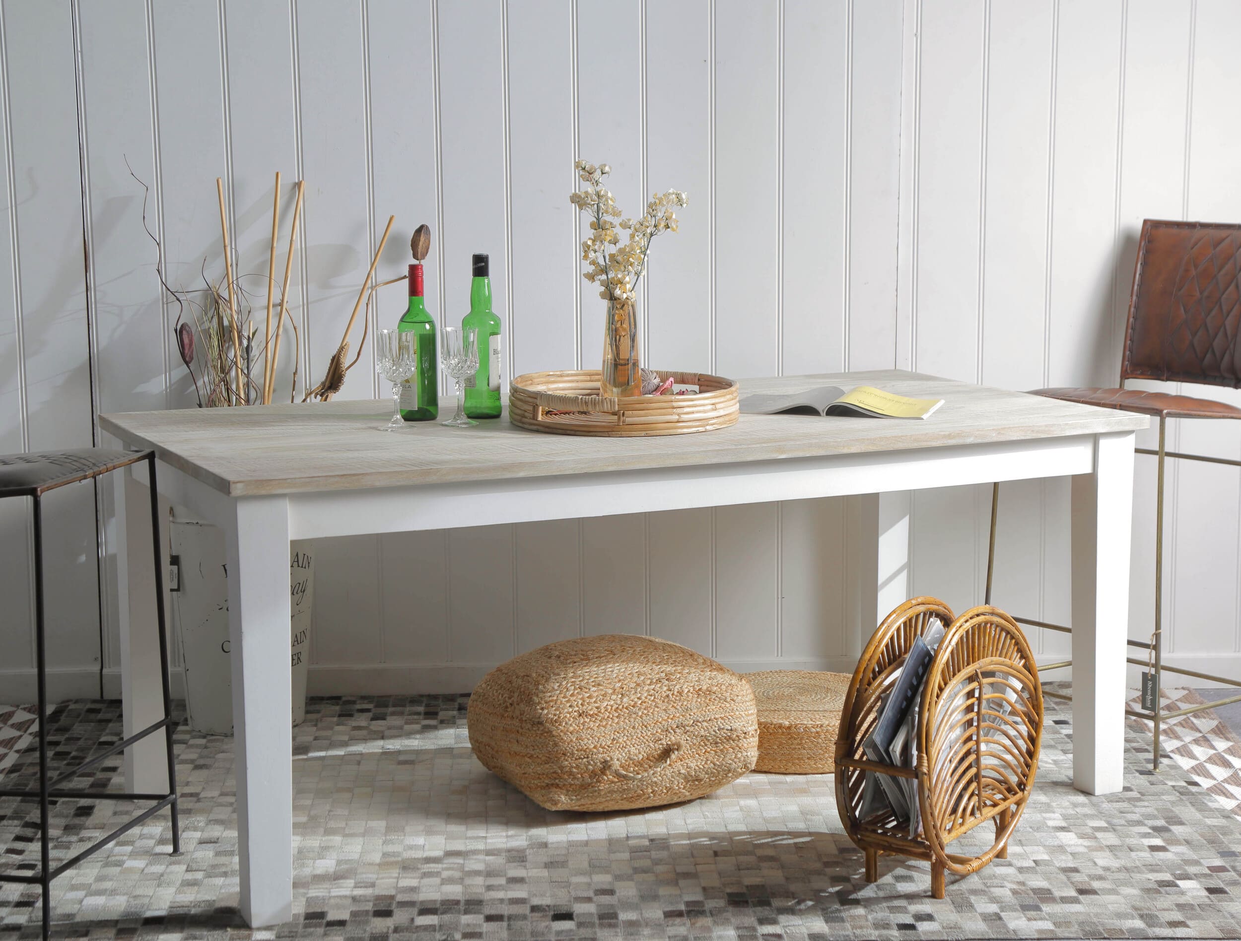 Esstisch Hampton Mangoholz weiß gewischt mit Schublade 180x90x77cm