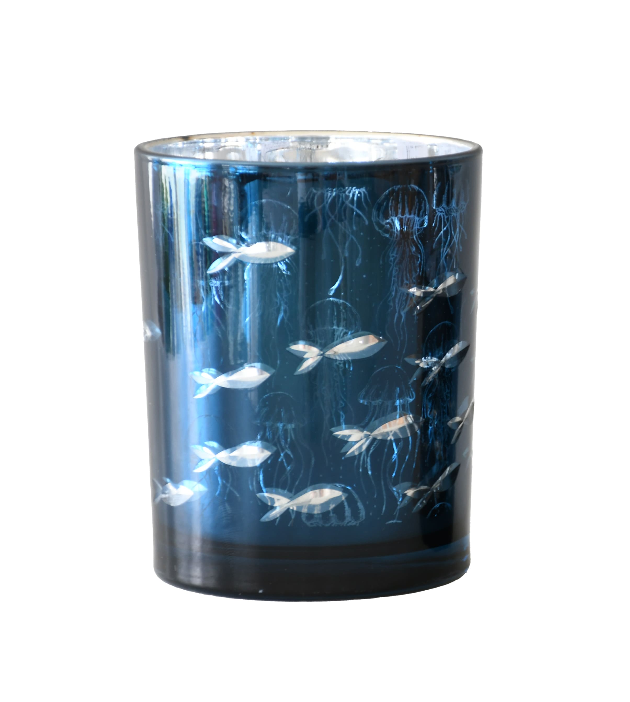 Votivlicht Glas blau metallic mit Fischschwarm D=10cm H=12,5cm