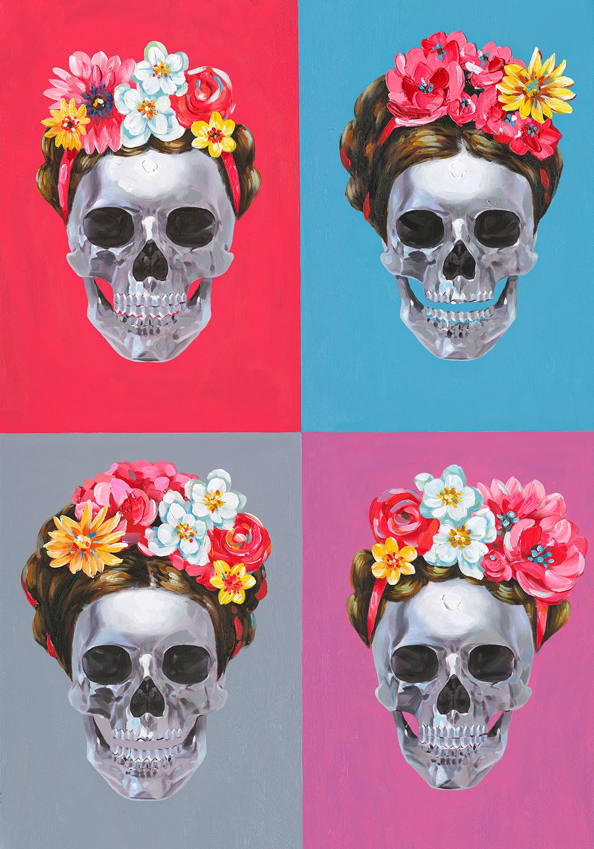 Ölbild vier Totenköpfe mit Blumendekor