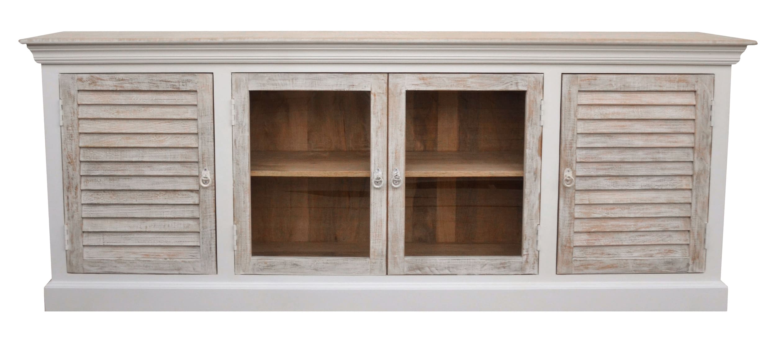 Sideboard Hampton Mangoholz weiß mit Lamellenfront und Vitrine 210x40x82cm
