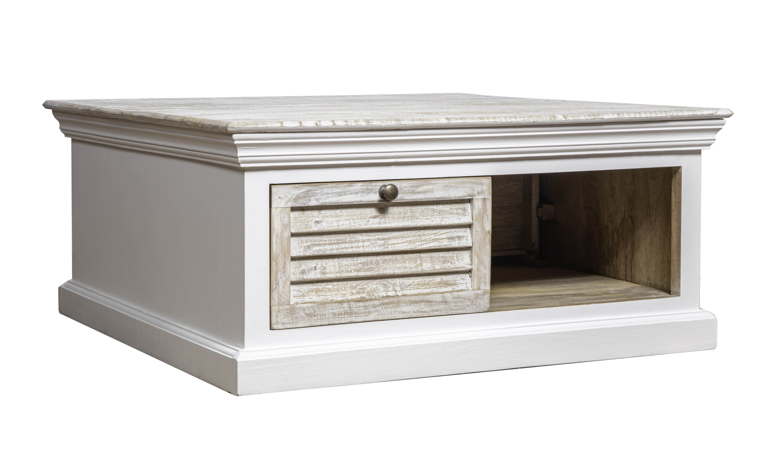 Couchtisch Hampton Mangoholz weiß gewischt mit Schublade 90x90x45cm