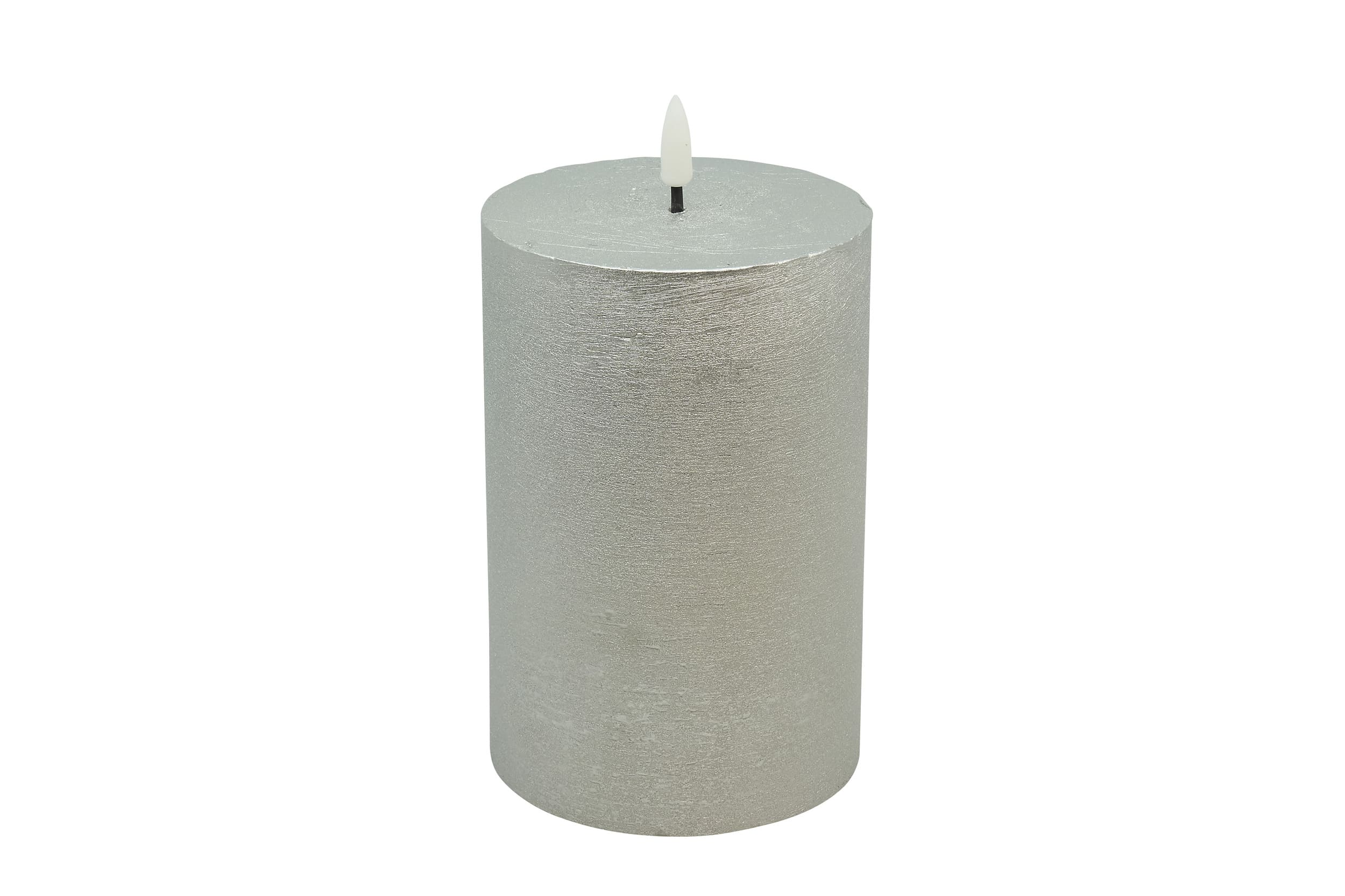 LED Stumpenkerze Winter Echtwachs silver metallic rustic 10x20cm 3D-Flamme warm