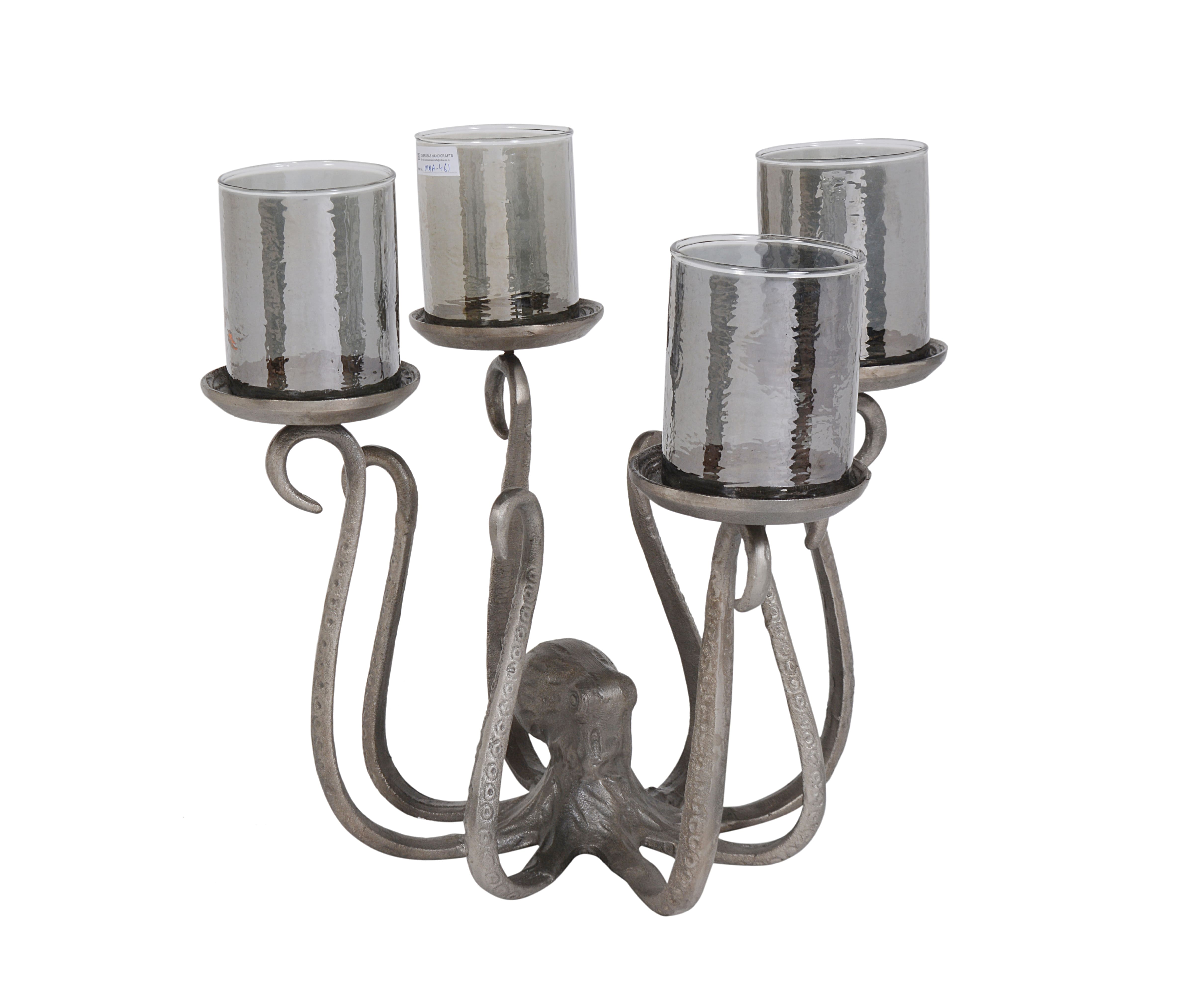 Kerzenhalter Alu Nickel Oktopus mit vier Gläsern 50x45x42cm