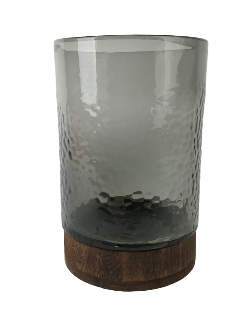 Votivlicht Glas grau mit braunem Holzfuß 20,5x20,5x31,5cm
