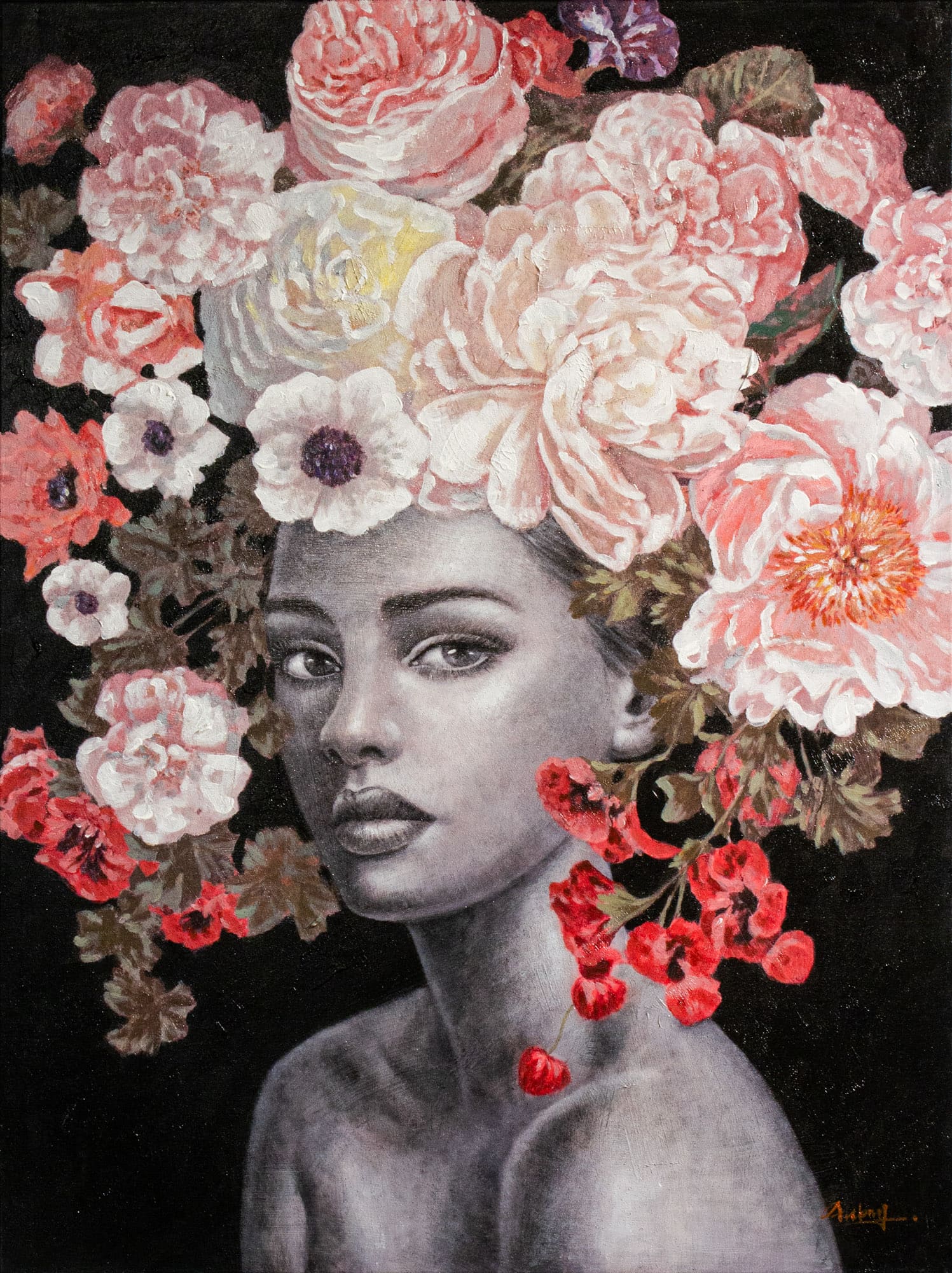 Ölbild Lady mit Rosen- Hintergrund schwarz 90x120cm
