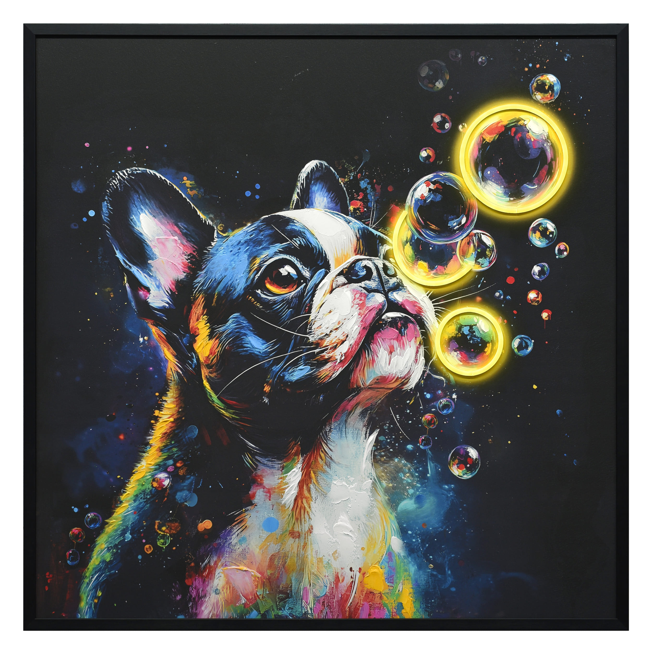 Wandbild Frame LED soap bubbles Bulldog 100x100cm