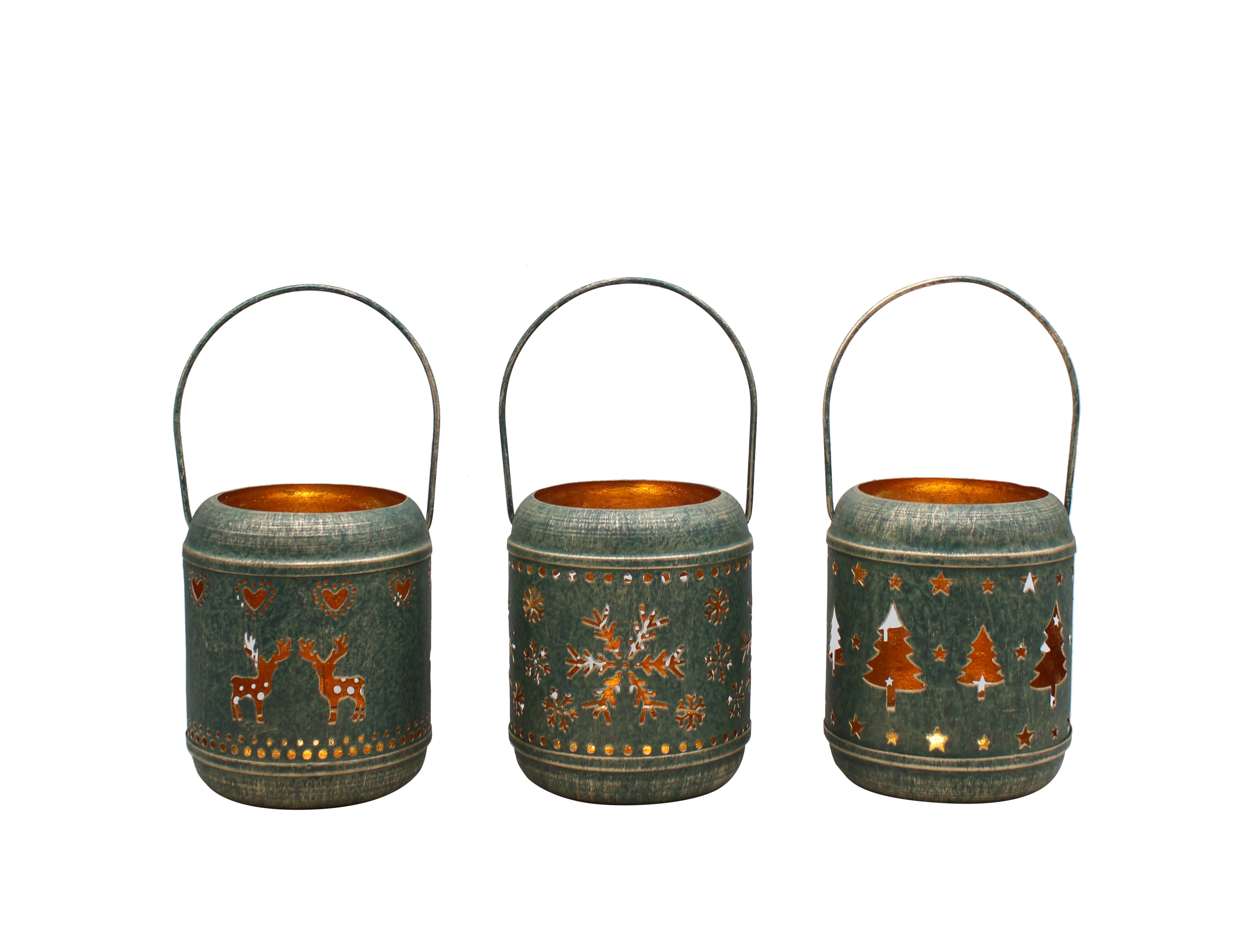 Laterne 3fach Eisen d-grün gold H=12cm