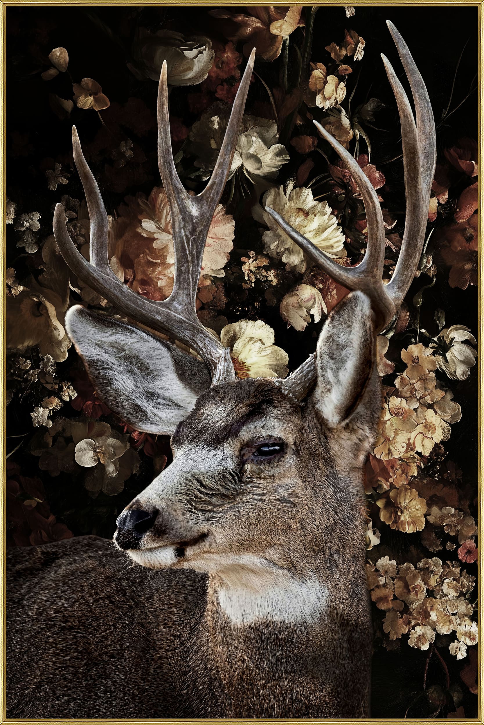 Wandbild Frame Deer profile in a shower of flowers 80x120cm