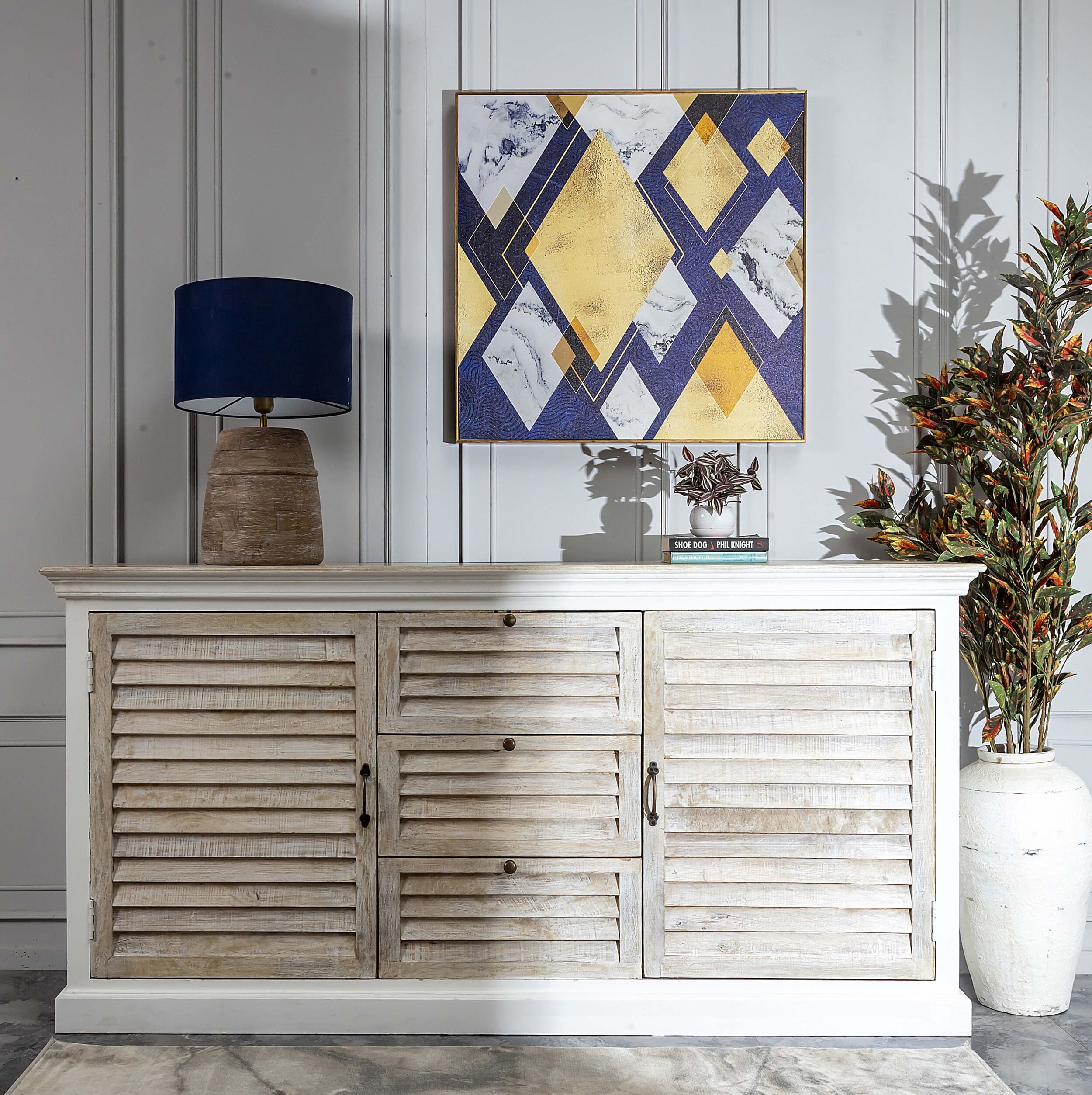 Sideboard Hampton mit Lamellenfront Mangoholz weiß 152x40x91cm