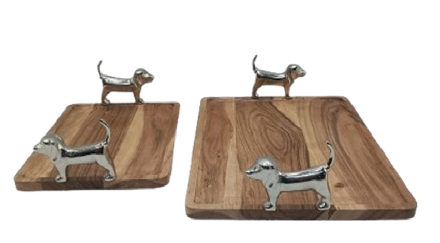 Tablett Akazie Hund Alu Nickel 32cm