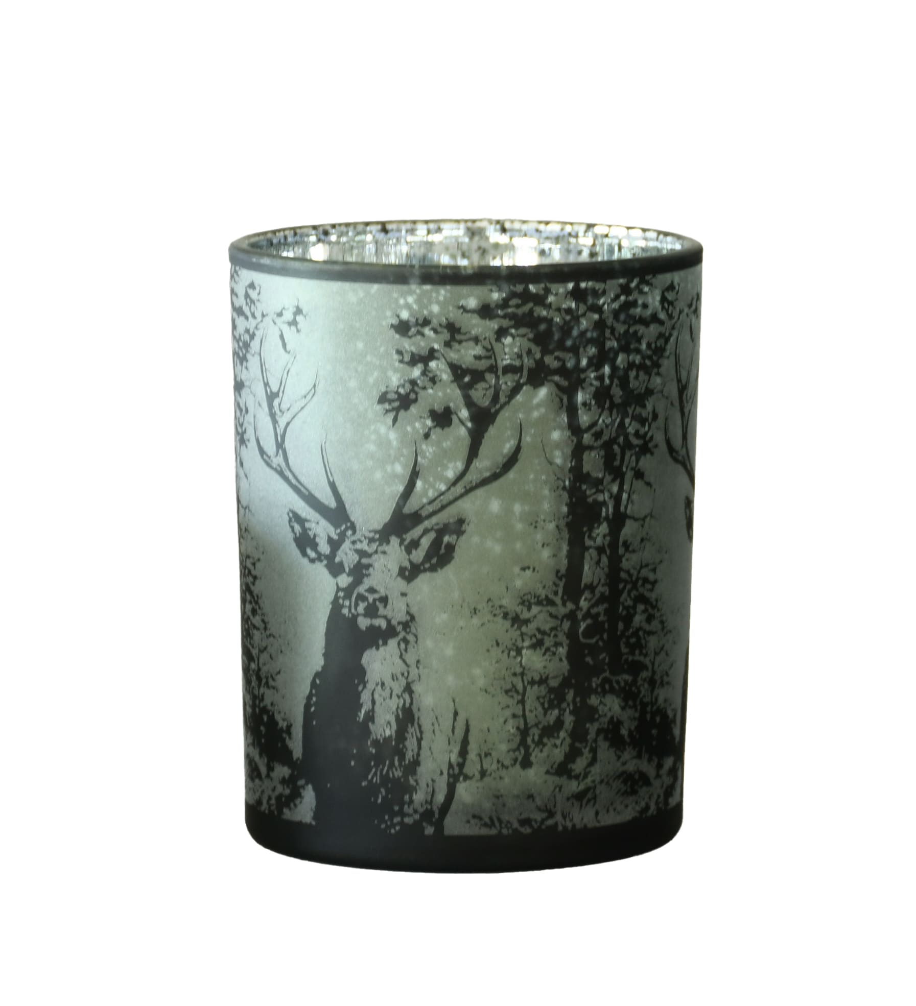 Votivlicht Glas grau frosted mit Hirschmotiv klar mit Winterlandschaft D=10cm H