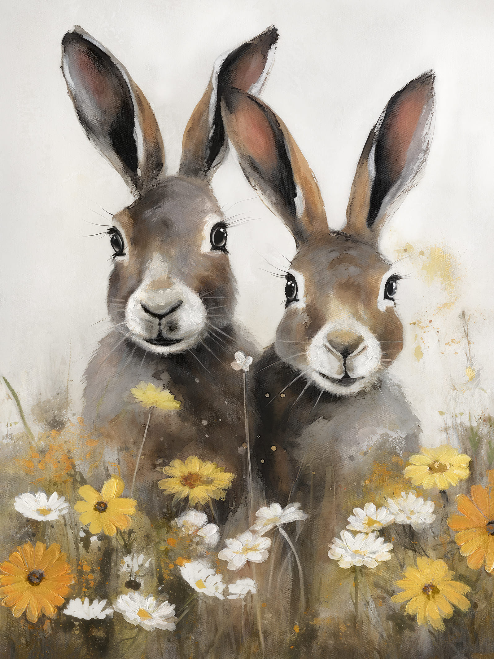 Wandbild gerahmt zwei Hasen in Blumenwiese 60x80cm