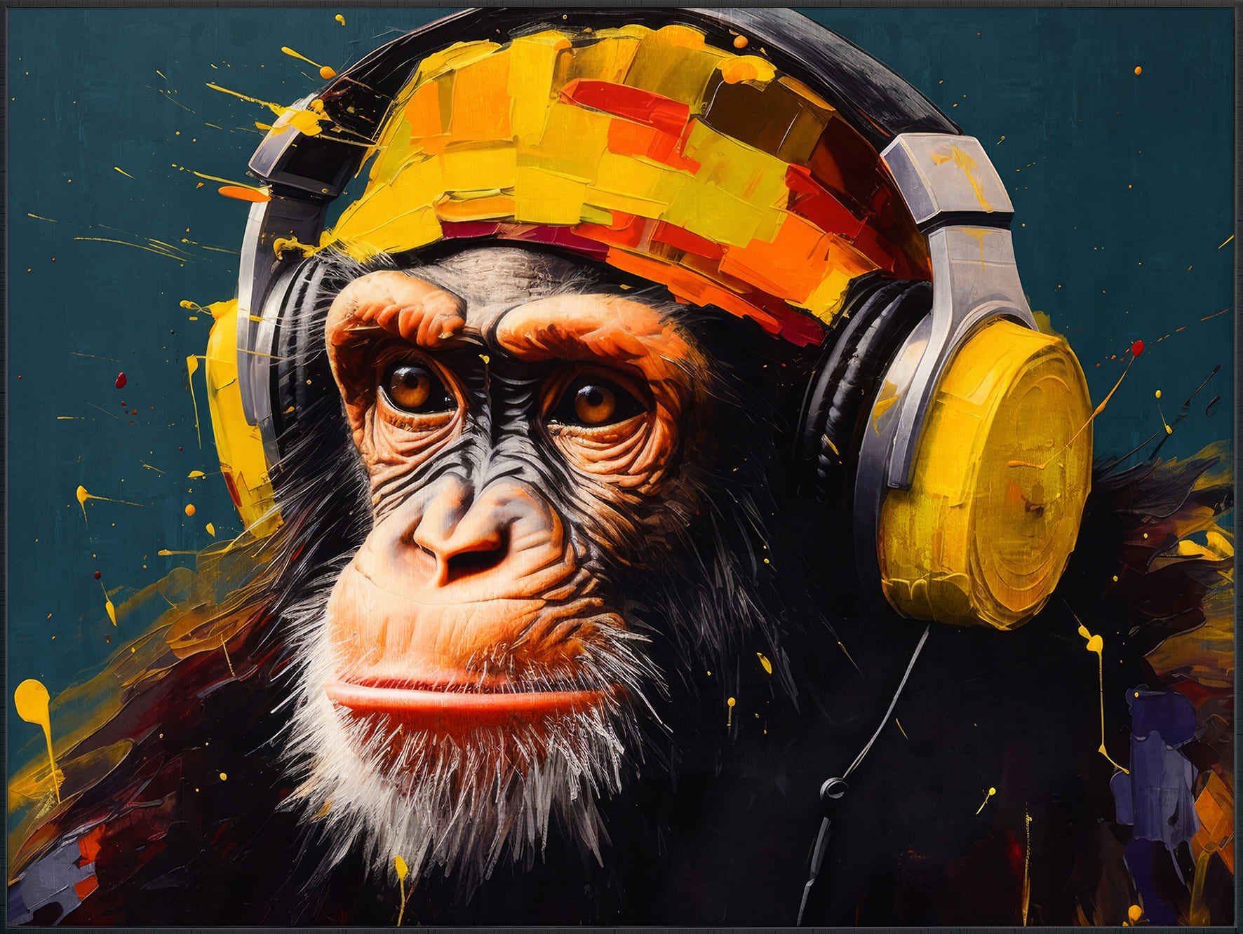 Wandbild gerahmt Schimpanse mit Kopfhörer 80x120cm