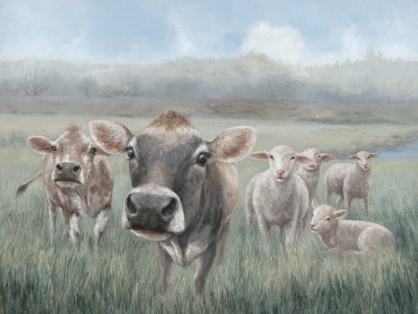 Ölbild Kühe und Schafe auf der Weide 120x90cm