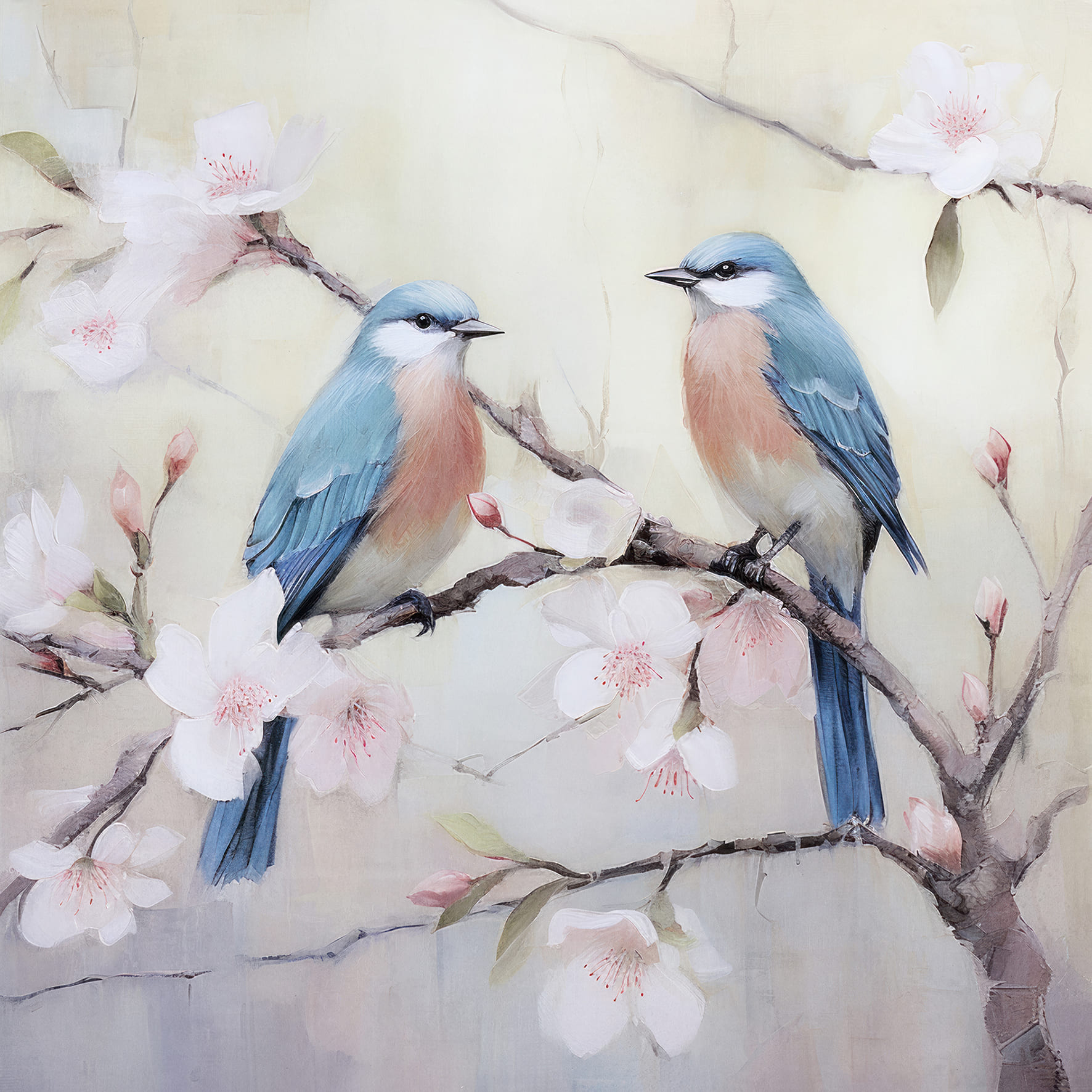 Ölbild Vögel auf Kirschblütenast 50x50cm