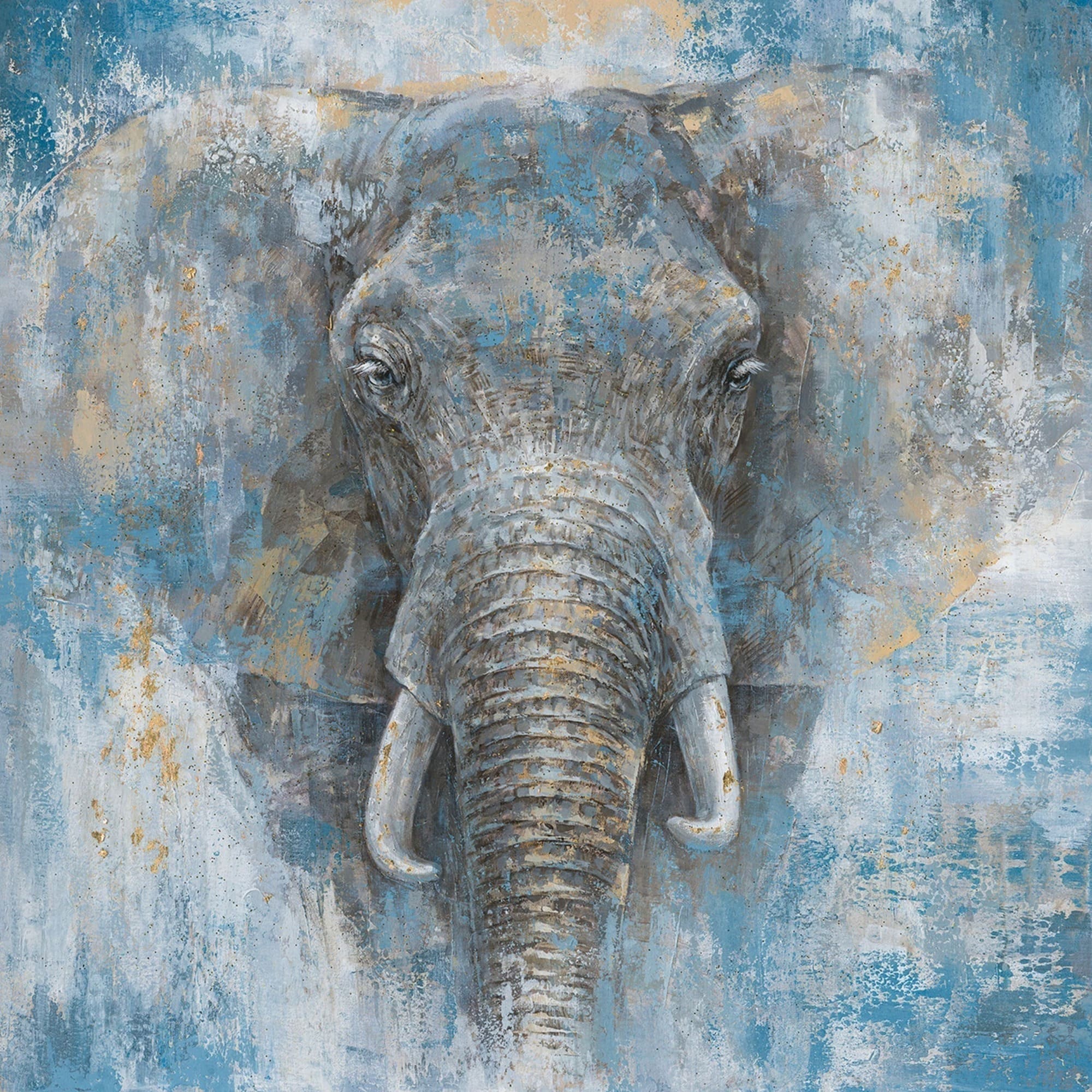 Ölbild Elefantenkopf vor blauem Hintergr