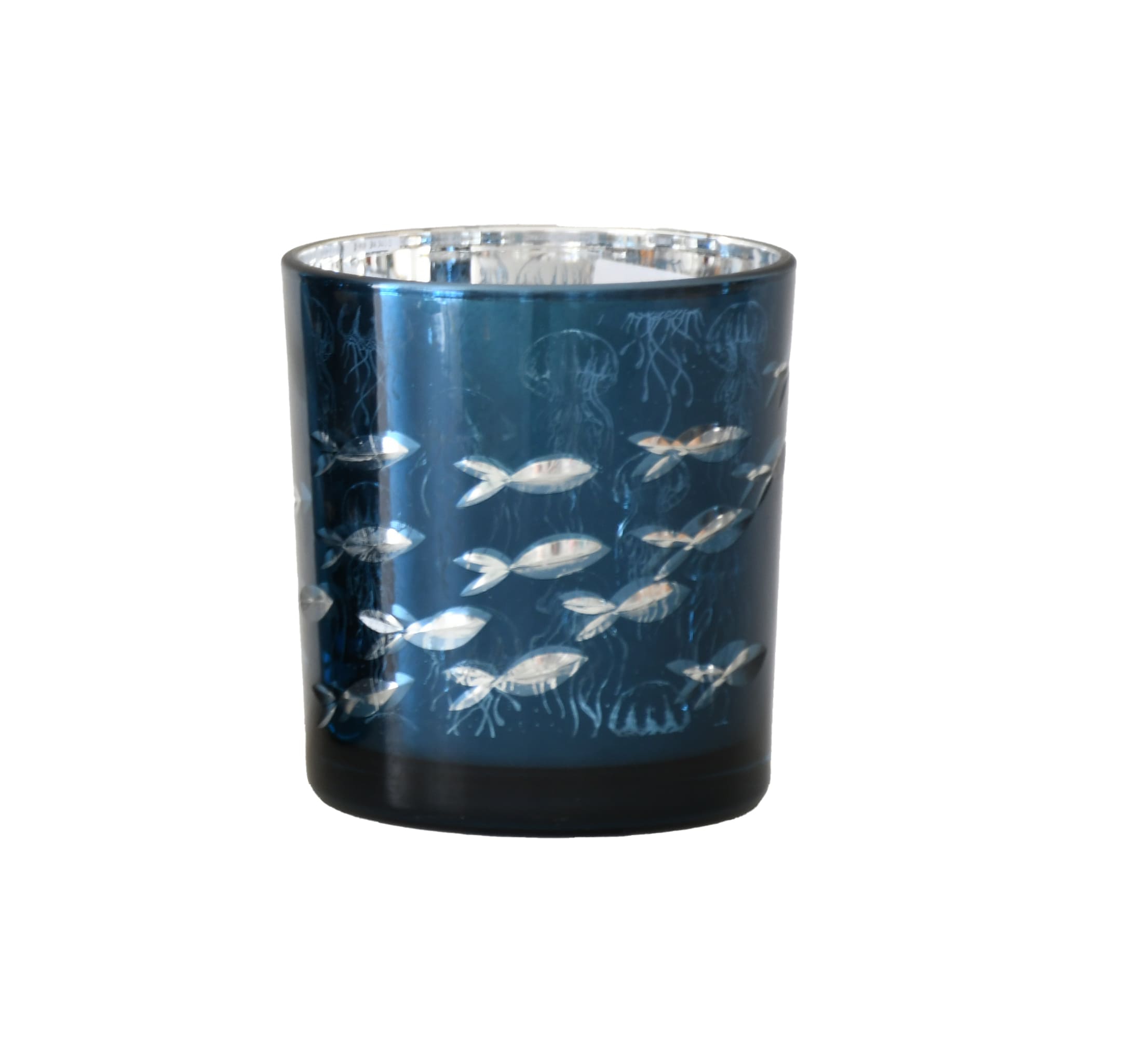 Votivlicht Glas blau metallic mit Fischschwarm D=7,3cm H=8cm