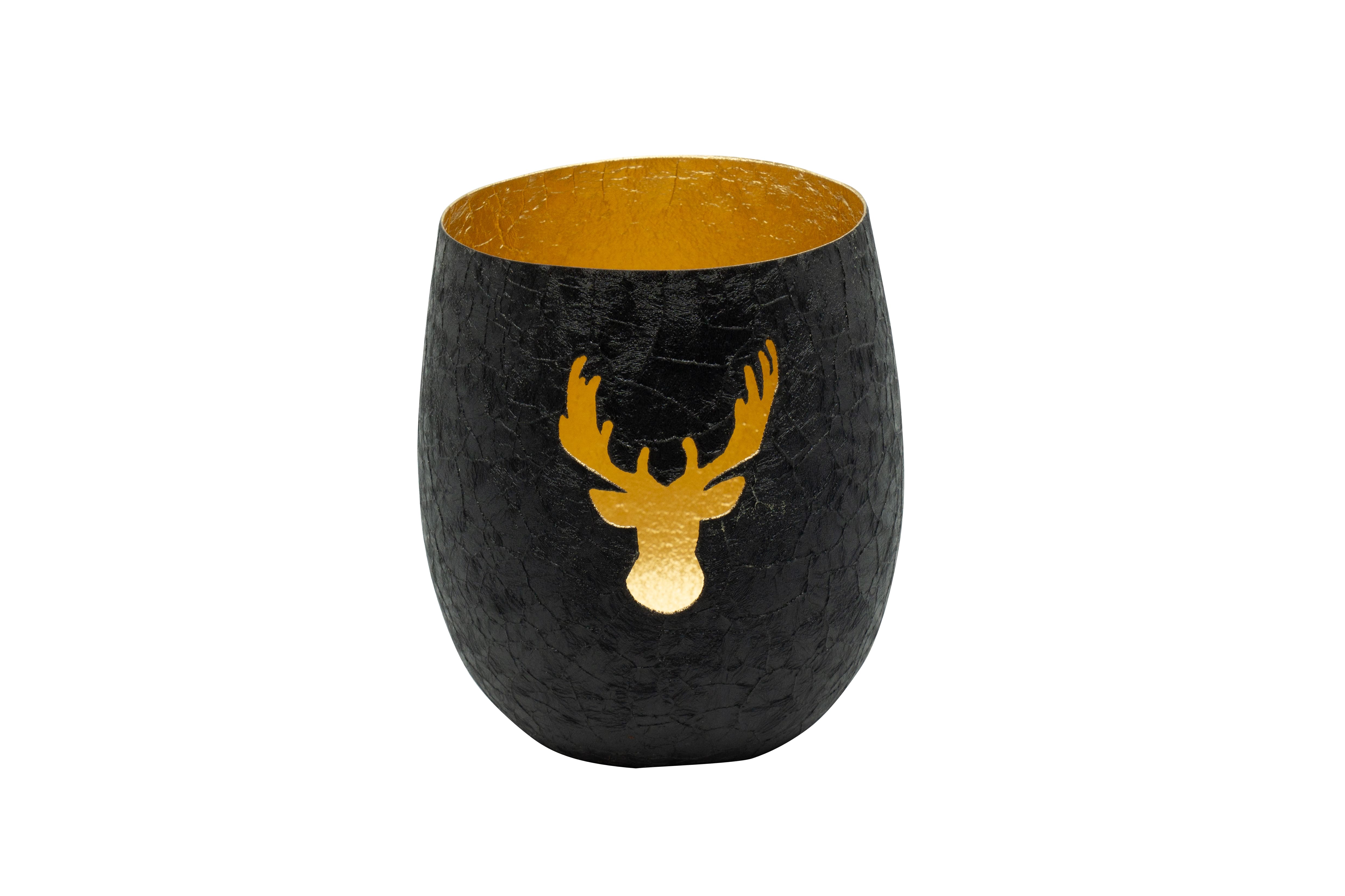 Windlicht Hirschkopf Eisen schwarz gold 10x10x12cm
