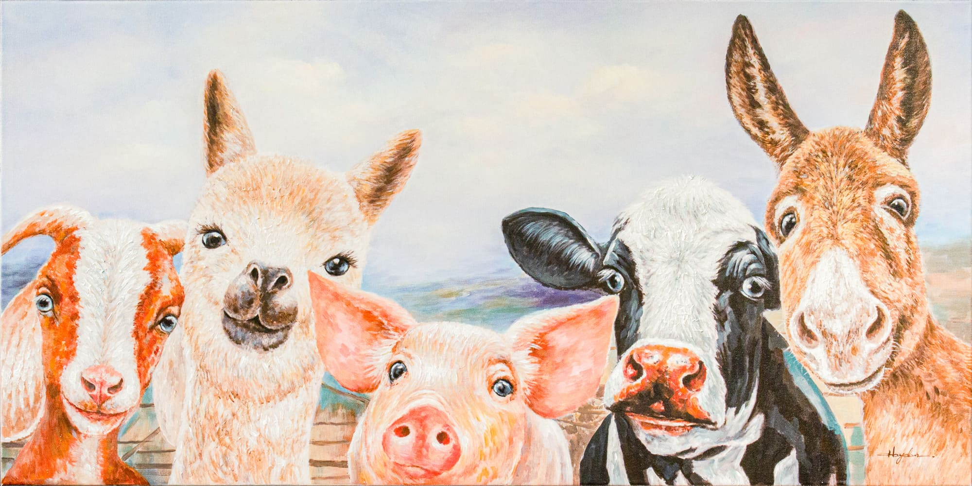 Ölbild Tiergruppe Ziege-Lama-Schwein-Kuh-Esel