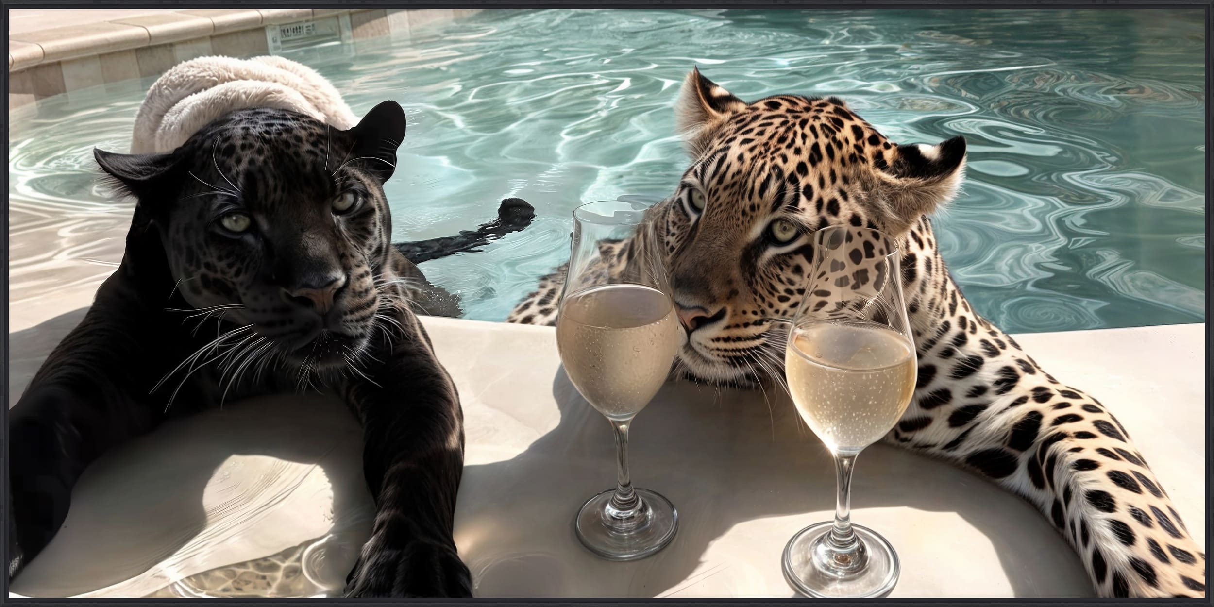 Wandbild Frame Puma and Gepard in the pool 160x80cm
