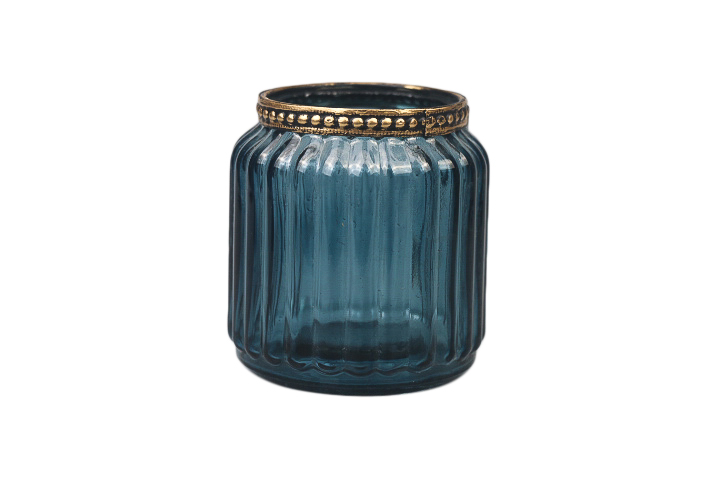 Votiv Glas blau mit Streifendekor braun gold Metallrand 7,5x7,5x8,5cm