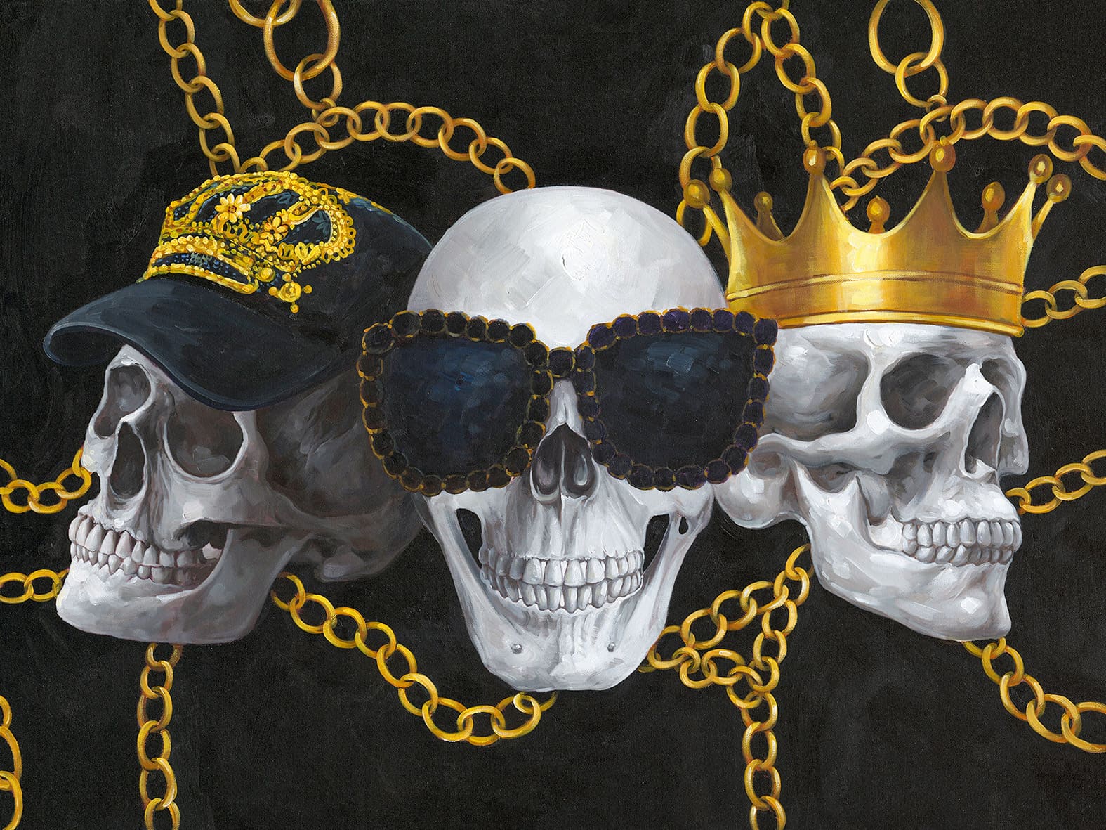 Ölbild Totenköpfe mit Krone Capy und Sonnenbrille 120x90cm