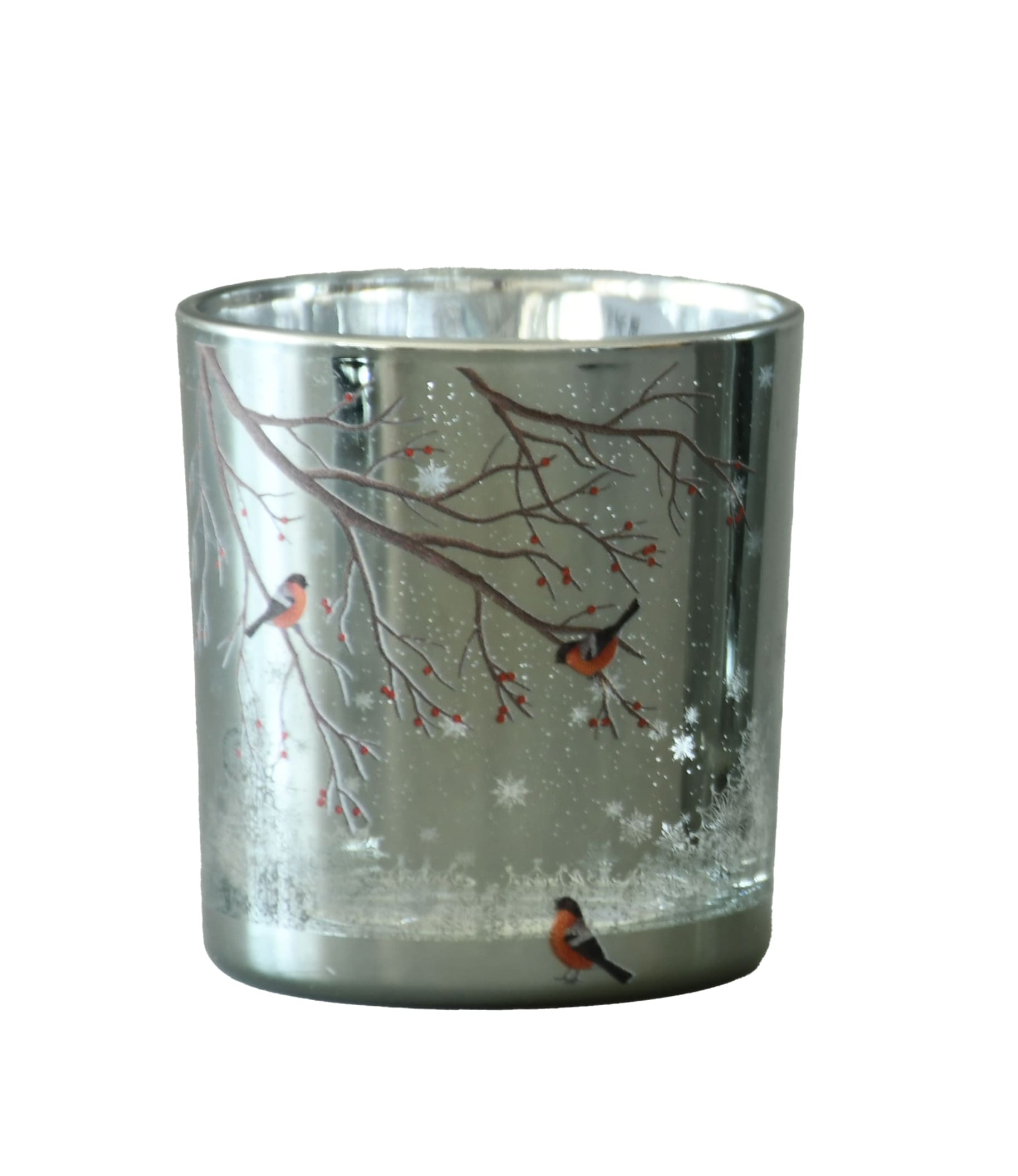 Votivlicht Glas silber mit Bäumen und Vögelmotiv D=7,3cm H=8cm