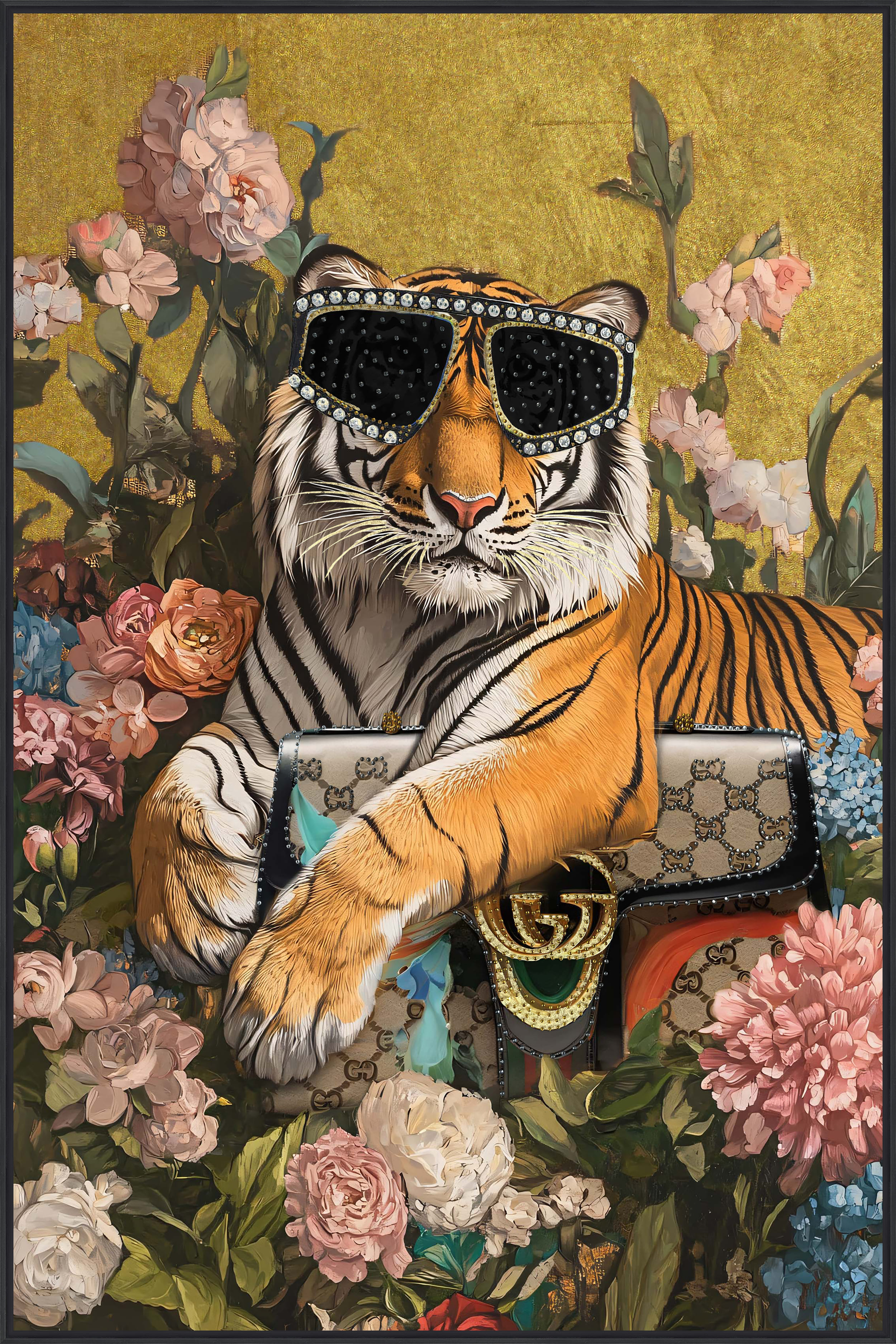 Wandbild Frame Tiger with flowers and sunglasses 80x120cm
